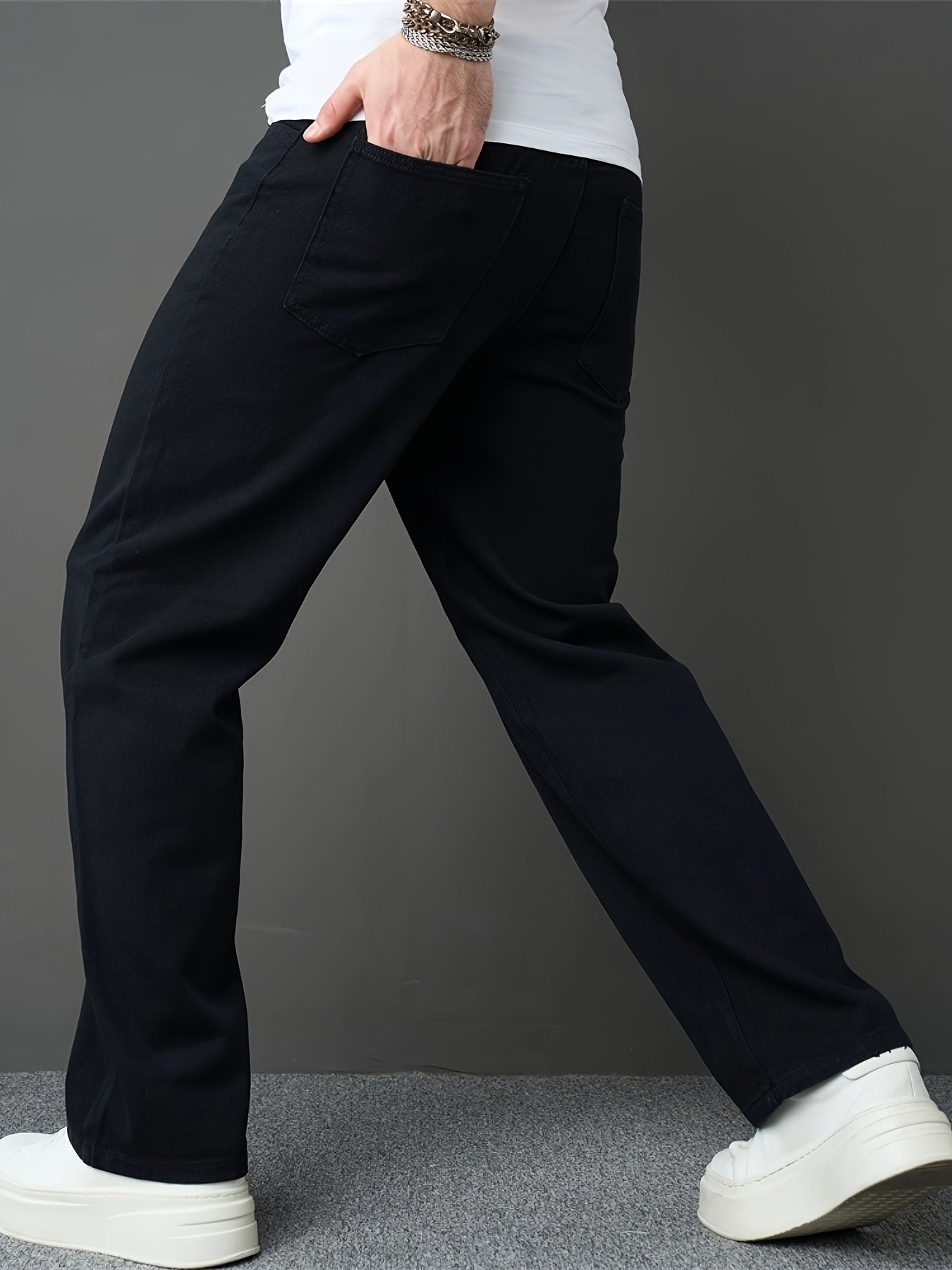 Men's Classic Black Straight-Leg Jeans - Loose Fit, Solid Color Denim, Cotton Blend, Machine Washable, All-Season Style, Streetwear Fashion|Modern Basic Jeans|Cotton Blend Denim
