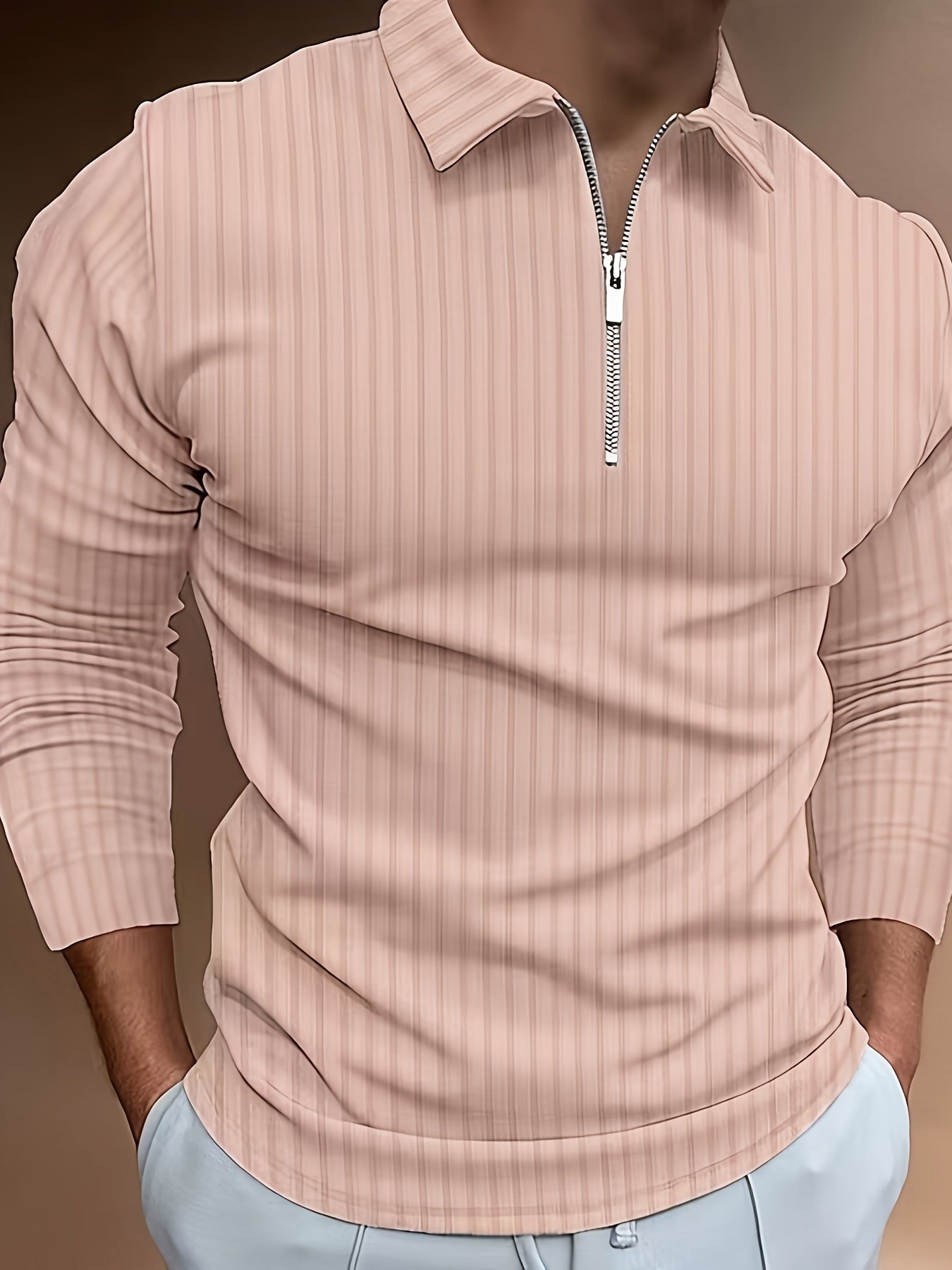 Men's Casual Sports Ribbed Long Sleeve Zipper Lapel Golf Shirt, Spring And Fall