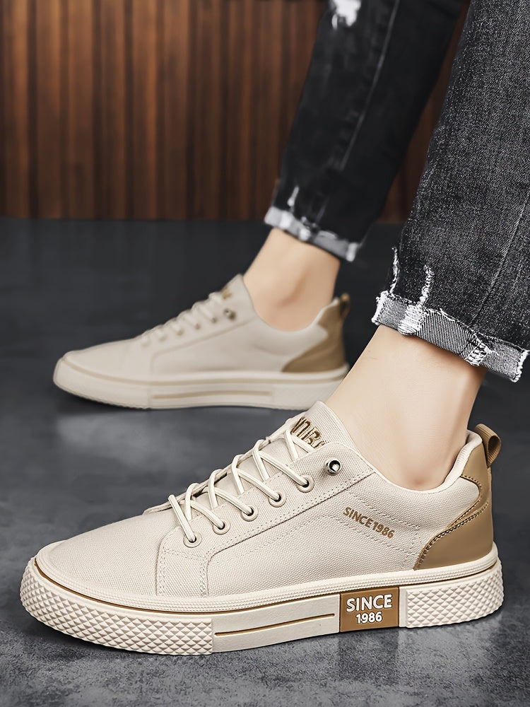 Men's Casual Low-Top Sneakers - Breathable Fabric Durable PVC Sole, Black Beige Contrast Design, Lace-Up Round Toe for All-Season Comfort, Versatile for Casual Semi-Formal Wear, Comfortable Footwear, Fabric Upper