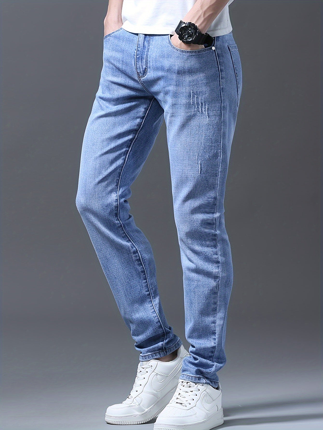 Men's Slim Fit Jeans, 62% Cotton 35% Polyester 3% Spandex Blend, Solid Color Washed Denim, All-Season Regular Length Pants
