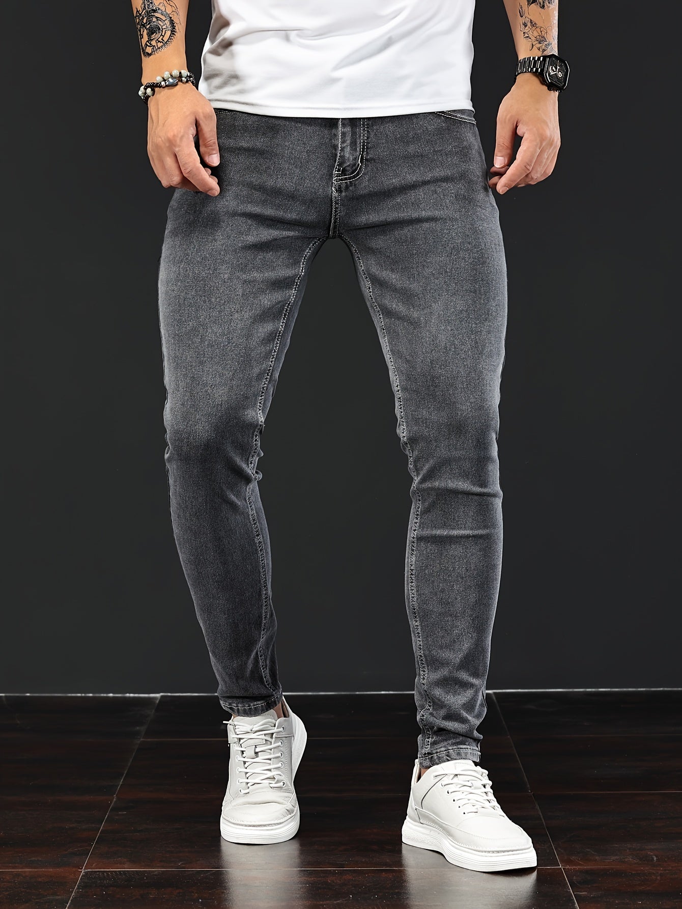 Slim Fit Chic Jeans, Men's Casual Street Style All Match Stretch Denim Pants With Pockets