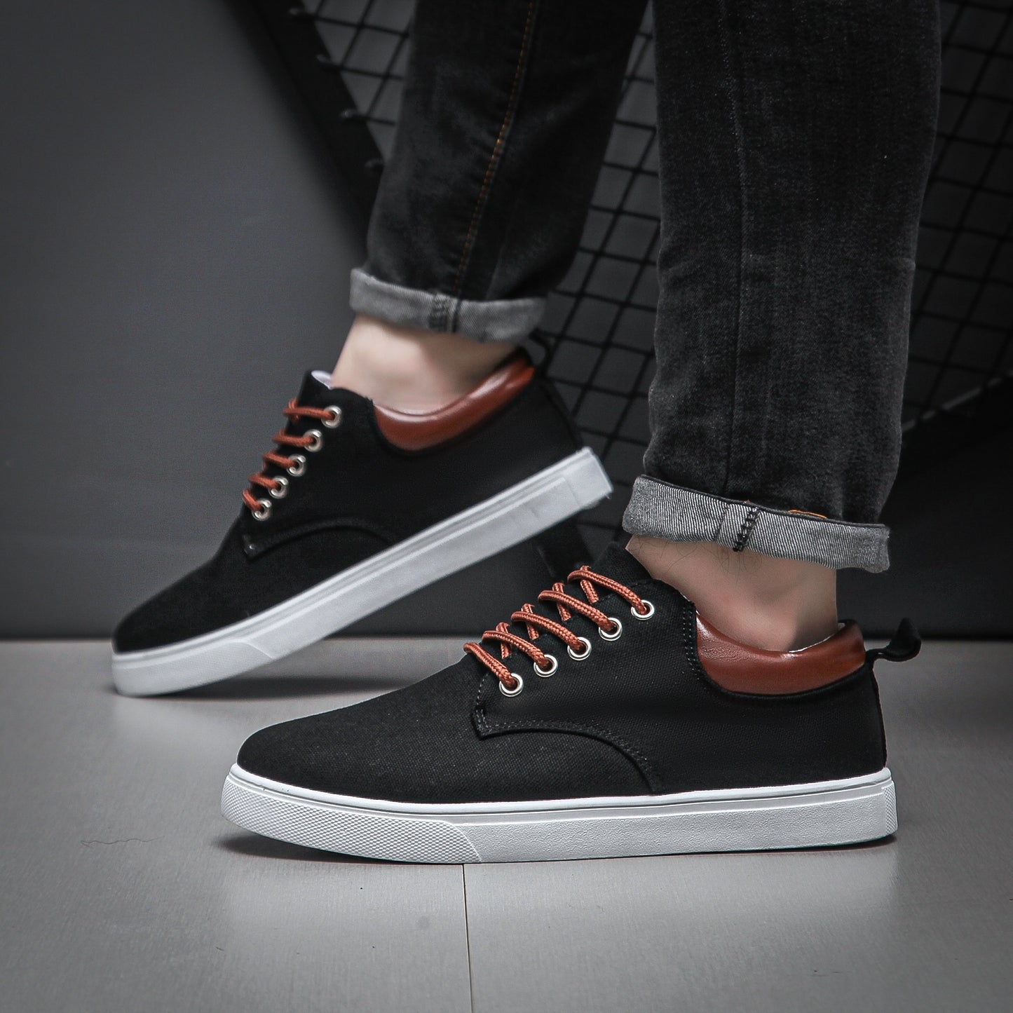 Men's Navy Blue Canvas Sneakers - Breathable, Durable, Non-Slip Casual Shoes with Brown Accents & White Sole - Perfect for Spring, Summer, and Fall Outdoor Wear, Everyday Sneakers | Casual Sporty Look | Breathable Canvas Uppe