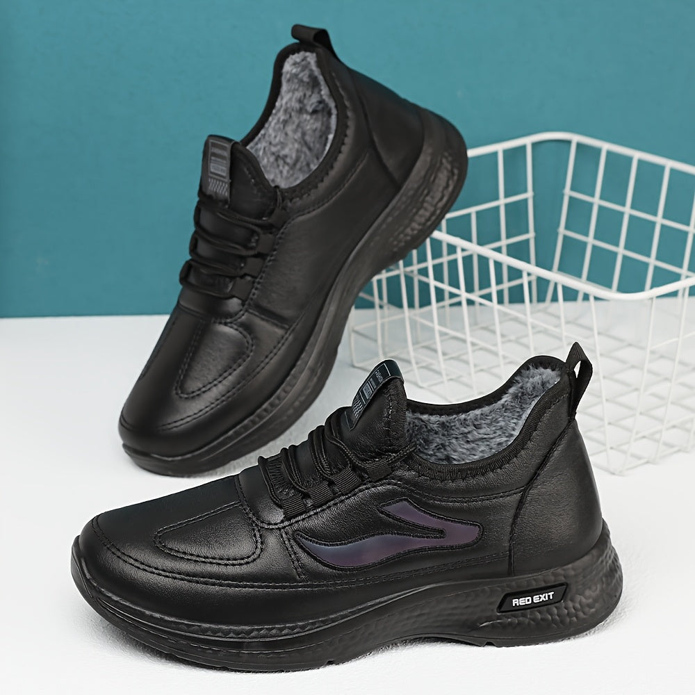 FKO Men's All-Season Slip-On Ankle Boots - Heavy-Duty Winter Warmth, Upper & Traction Tread Sole, Black & Brown (Purple Accent) - Casual/Outdoor/Urban Short Boots for Ice & Snow, One-Strap Closure (No Buckles)