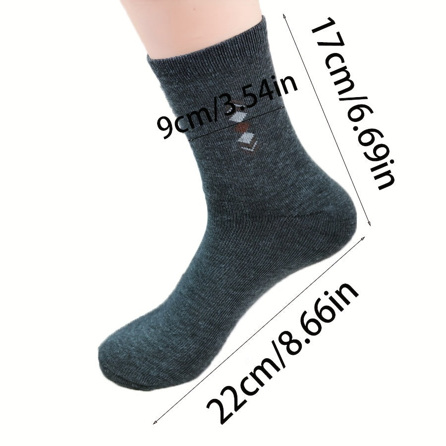 10/15 Pairs Men's Elite Business Socks, Simple Daily Durable Mid-Calf Socks, Polyester Blend with Spandex, Machine Washable, Geometric Pattern, Knit Fabric