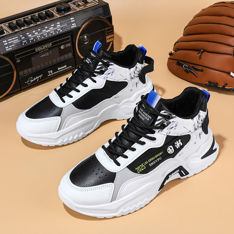 Men's Sneakers - Thick Platform Cushioned Sole, Lace-Up Closure, PU Upper Non-Slip PVC Outsole - All-Season Gym, Casual, Everyday Sneakers - Black/White Colorway - Affordable Men's Footwear, Casual Walking, Trendy Kicks, Co