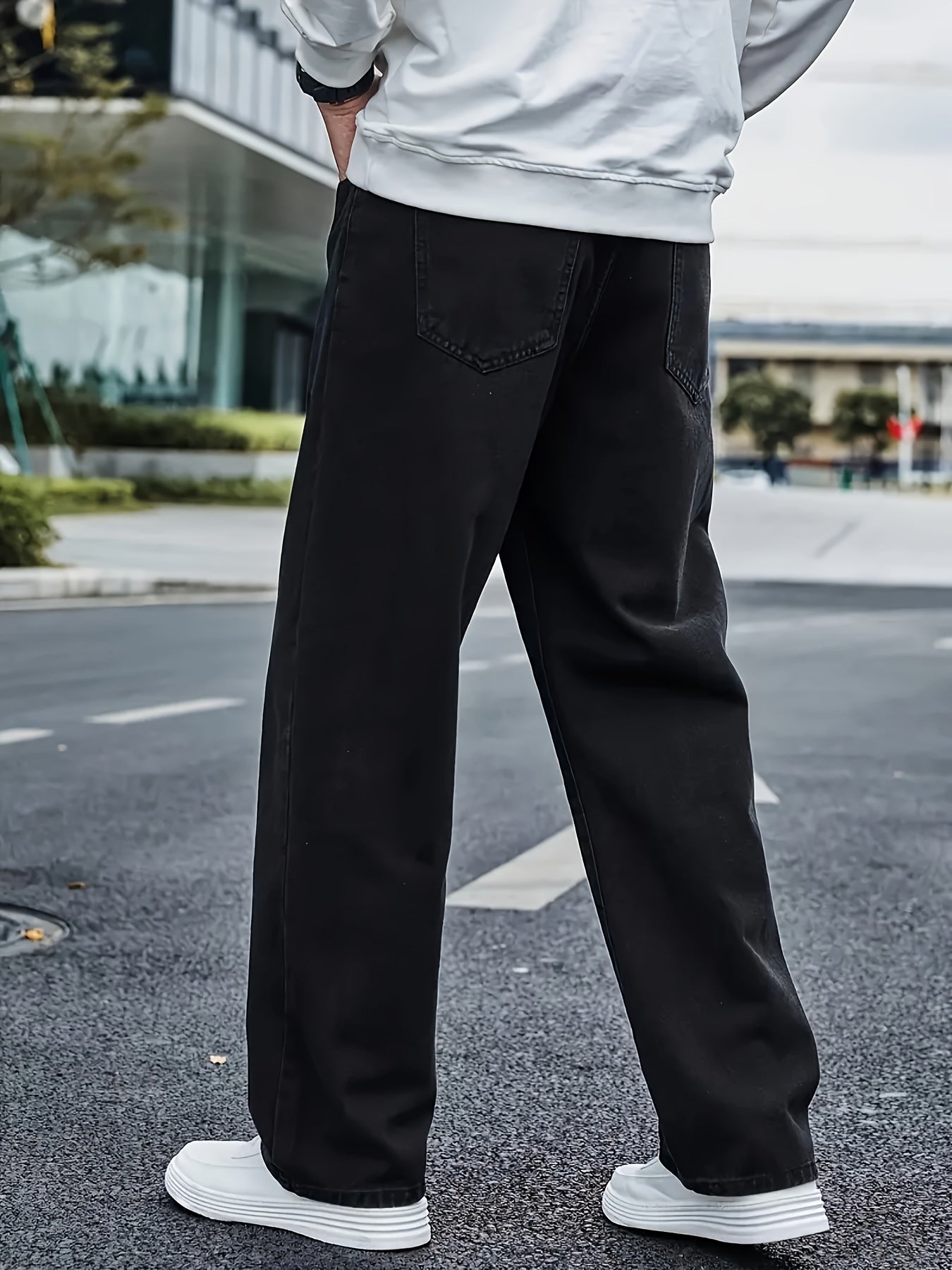 Men's Classic Straight Leg Denim Jeans - Loose Fit, Cotton Blend, Solid Color Black, Street Style, Comfortable & Versatile for All Seasons, Casual Streetwear|Street Style Pants|Nonstretch Fabric