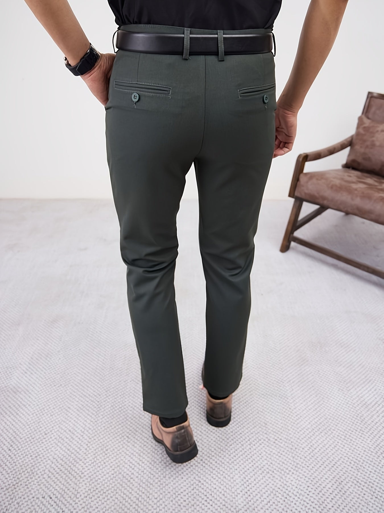 Men'S Casual Solid Color Regular Length Slight Stretch Woven Fabric Pants for Adult