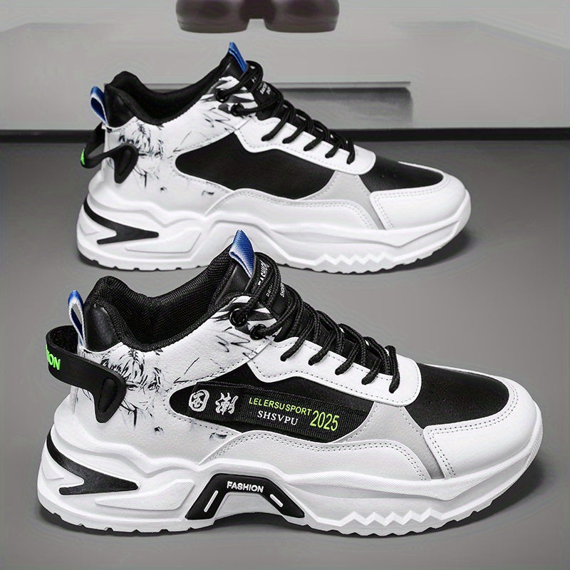 Men's Sneakers - Thick Platform Cushioned Sole, Lace-Up Closure, PU Upper Non-Slip PVC Outsole - All-Season Gym, Casual, Everyday Sneakers - Black/White Colorway - Affordable Men's Footwear, Casual Walking, Trendy Kicks, Co