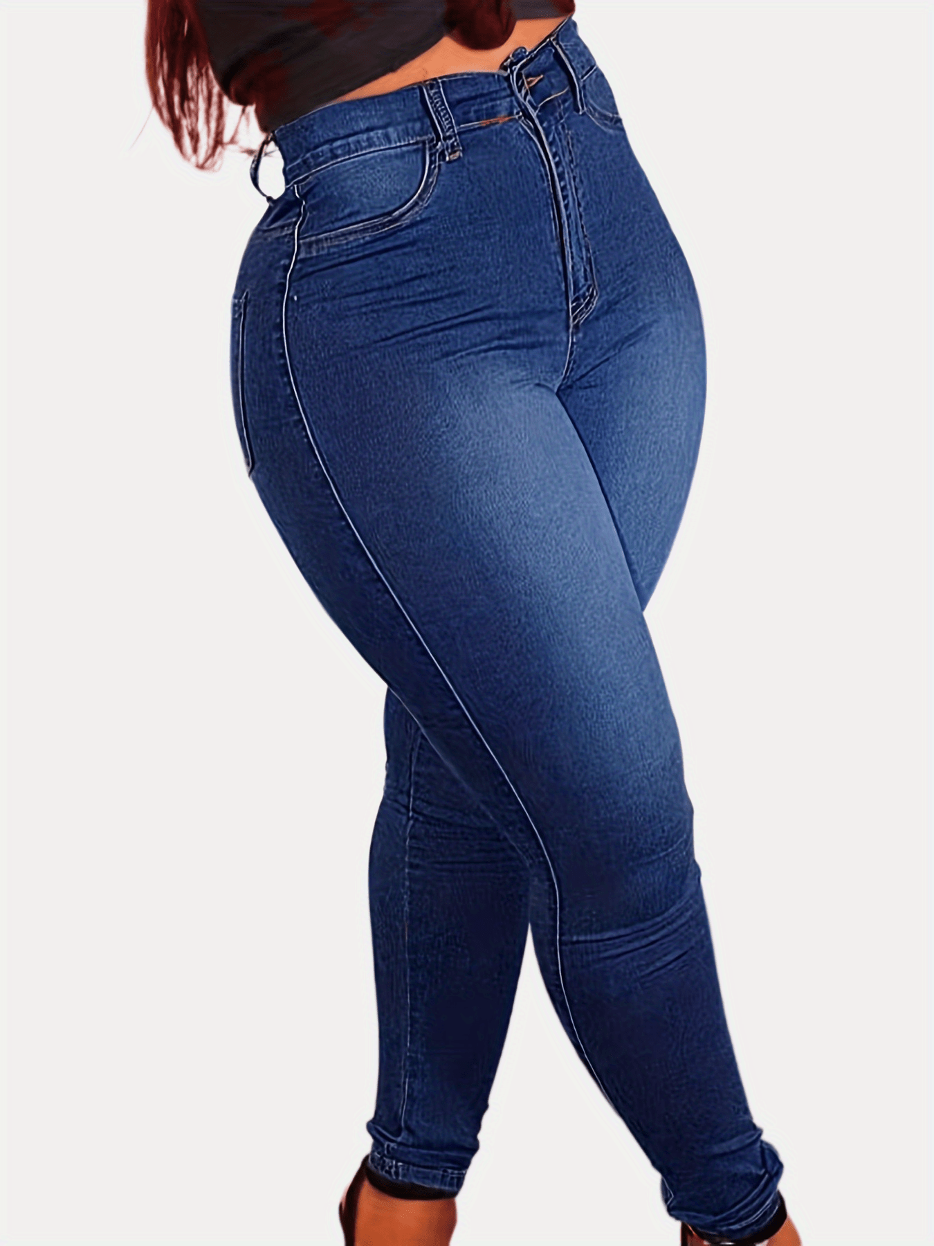 1pc Women'S Plus Size Stretch Denim Jeans, Solid Color Button-Up Washed Casual Style, (75%, 22% Polyester, 3% Spandex), Medium Stretch Fabric, All-Season Woven Pants