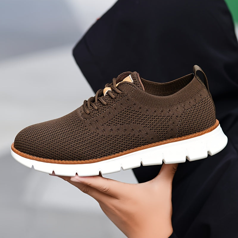 Men's Breathable Knit Business Casual Shoes - Beige with Brown Accents, Lace-Up, EVA Sole, Round Toe, Versatile for All Seasons, Dressy Shoes
