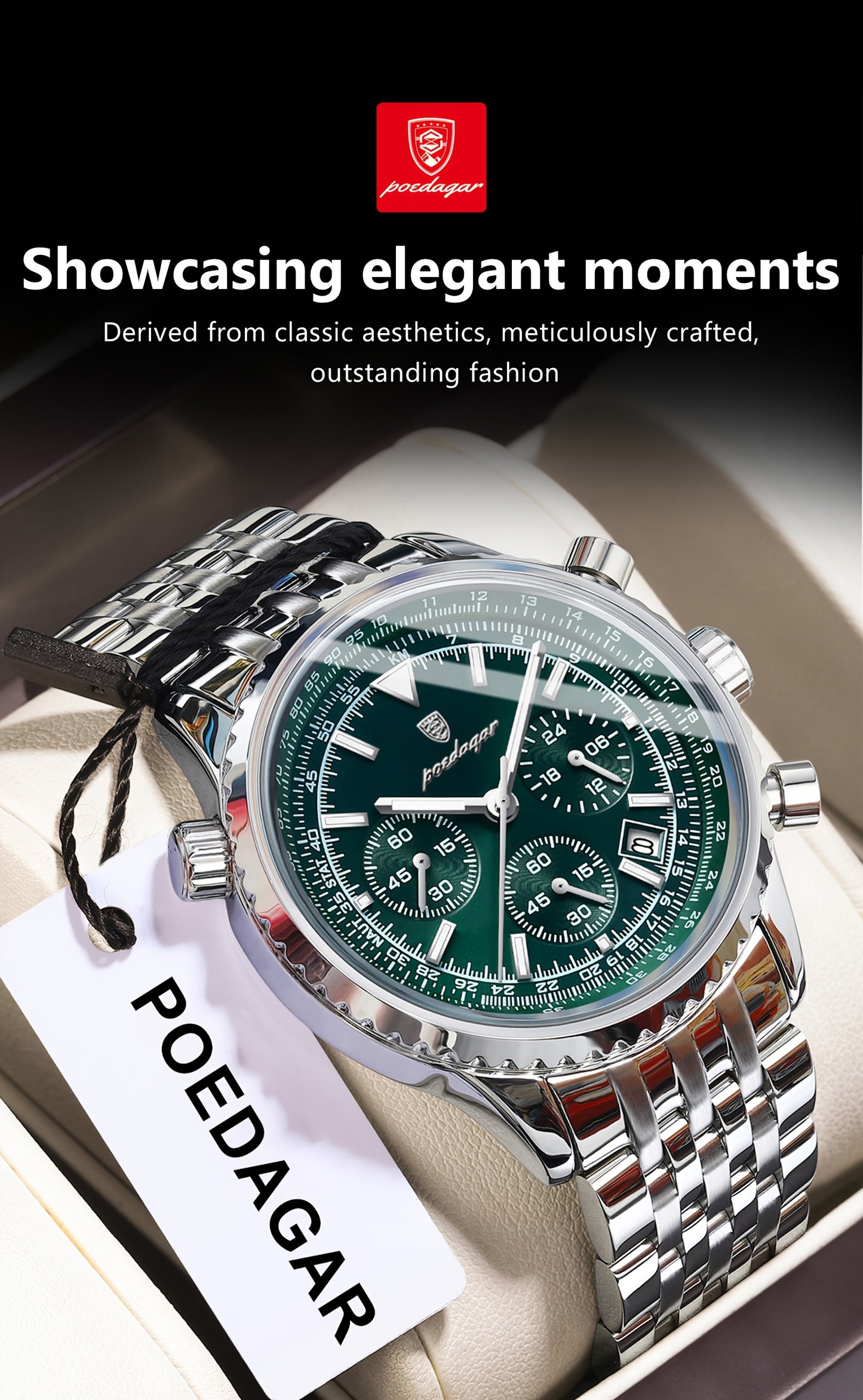 POEDAGAR Men's Luxury Stainless Steel Watch, Chronograph, Calendar, Date Display, Green Dial with Black Bezel & Roman Numerals, Quartz Movement, Casual to Business Style, Suitable for Women