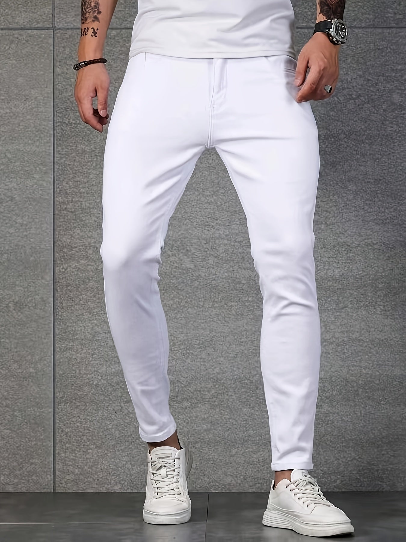 Men's Stretch Denim Jeans - Light Gray, Skinny Fit, All-Season Comfort, Street Style with Button Fly & Pockets