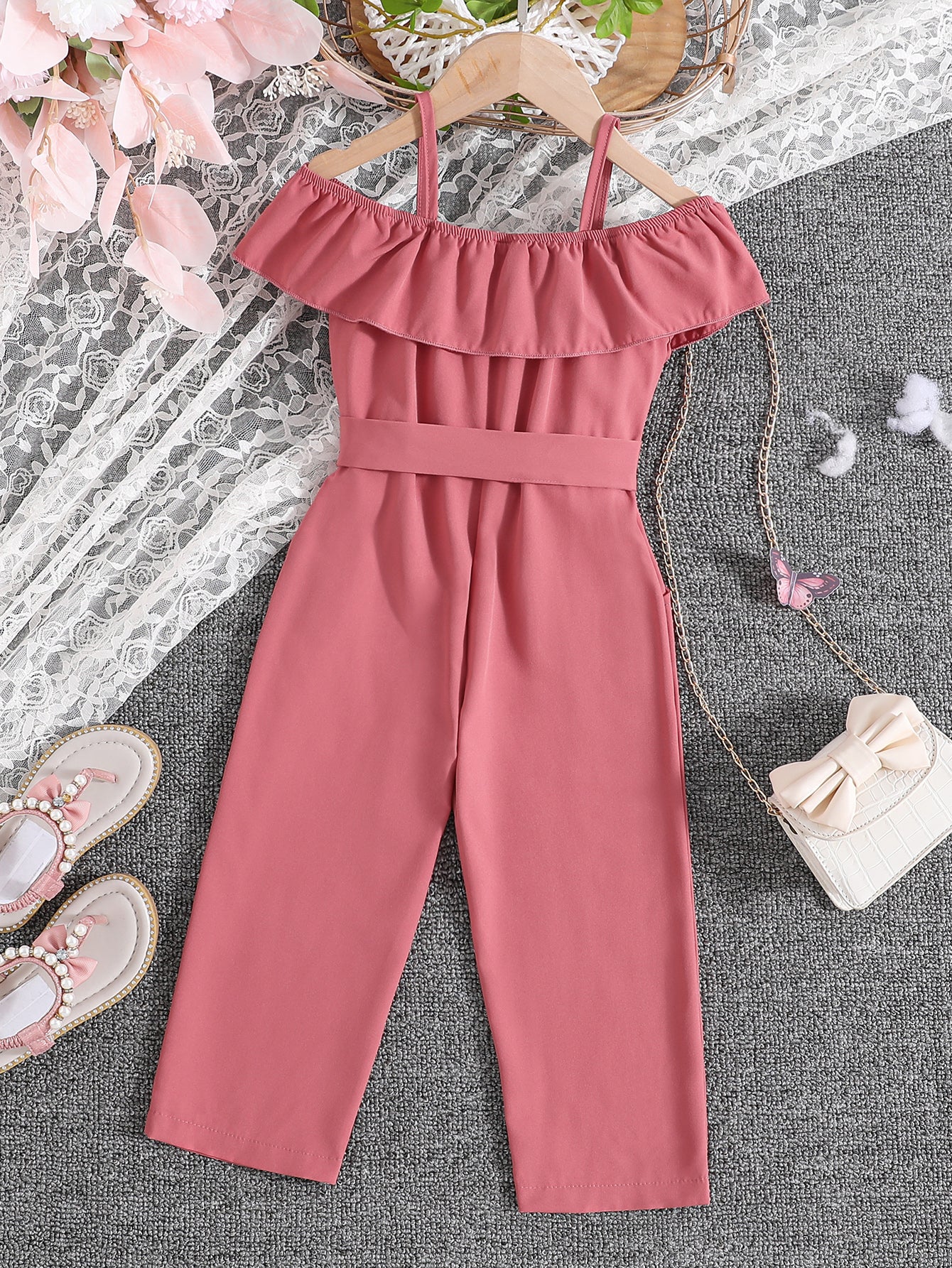 Girls Ruffle Cami Romper Belt Off Shoulder Նրբագեղ ամառային գարուն աշուն մանկական հագուստ