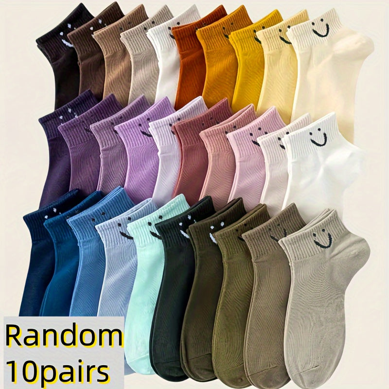 5/6/9/10/20/30 Pairs Spring and Summer Cartoon Face Print Socks, Cute Japanese Style Casual Mid-Calf Socks, Women's Socks