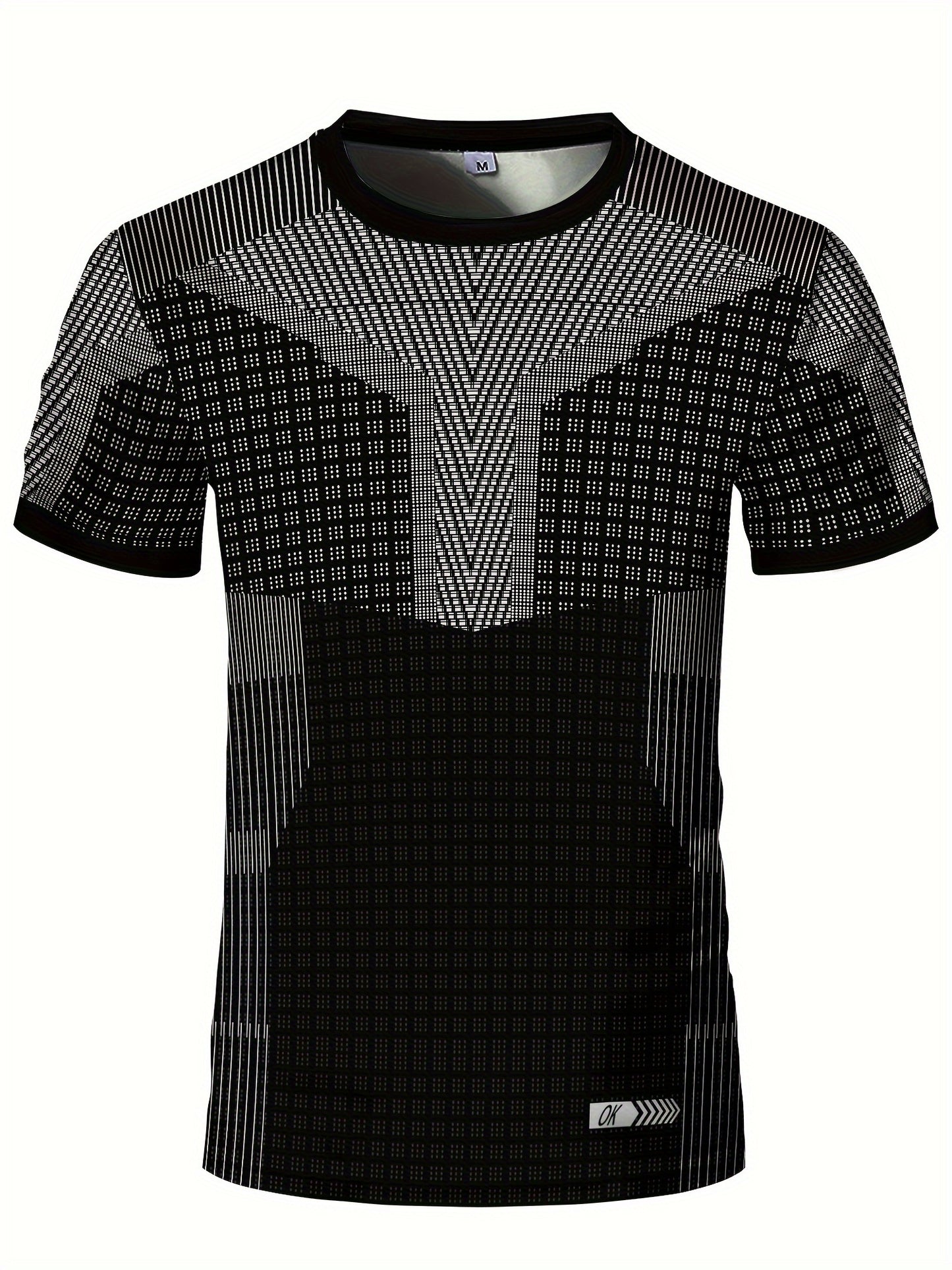 A Black And White Patterned Print Design, Men'S Sporty Fashion, Geometric Print High-Elastic Tight-Fitting Short-Sleeve Round-Neck T-Shirt, Quick-Drying Sports Top for Summer Fitness, Training, And Workout, with a Cool Feel,