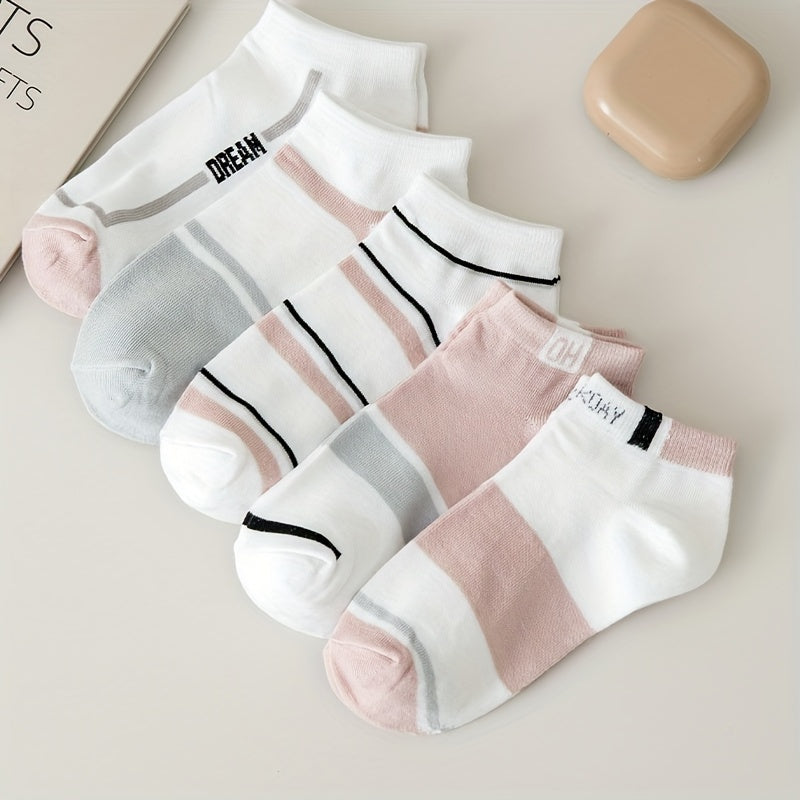 5 Pairs of Women's Summer Short Socks, Striped Breathable Color-Mixing Boat Socks, Pink Fresh Women's Socks