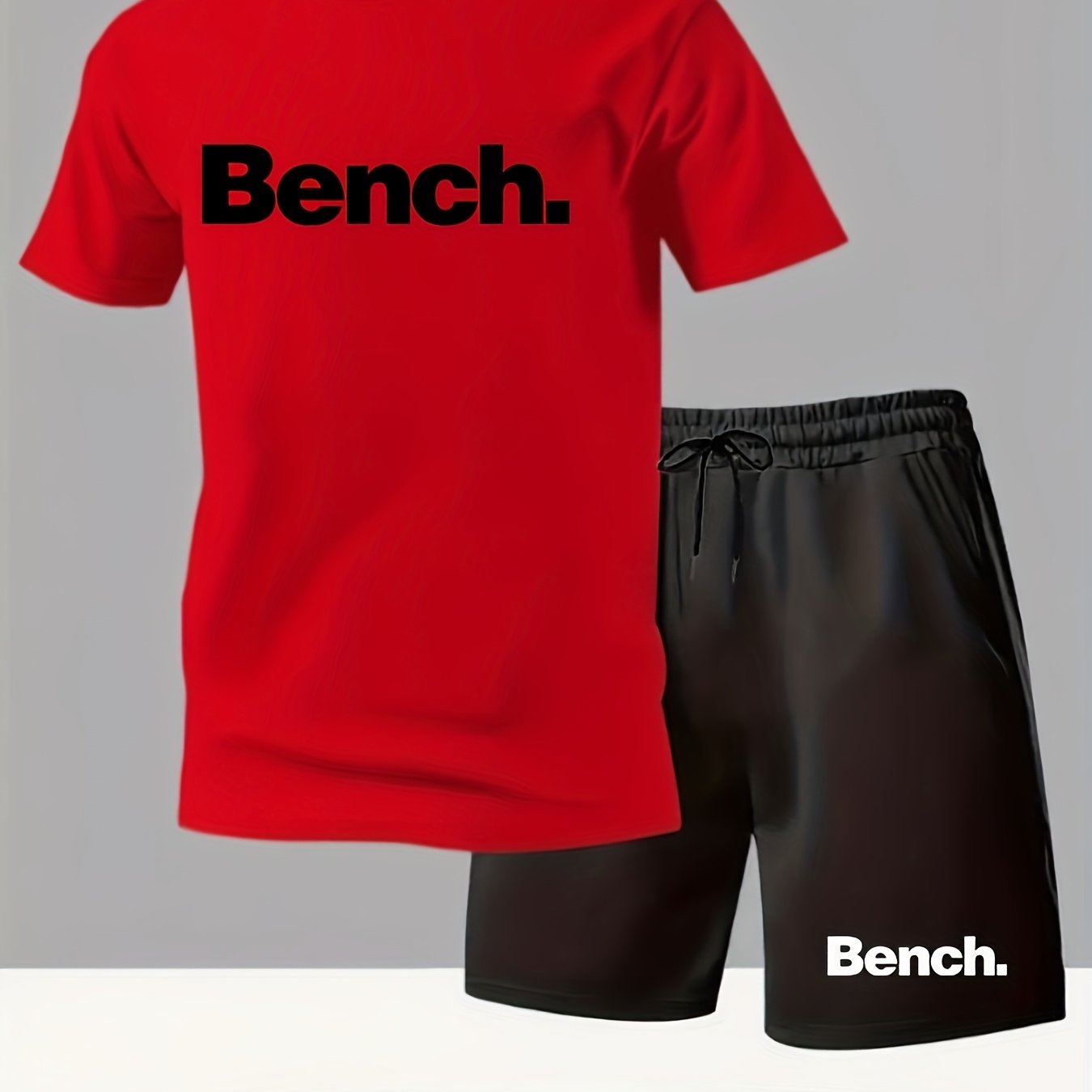 Summer Men'S Casual Sports Short Sleeve T-Shirt and Shorts Set, Knitted Polyester Fabric, Comfortable Breathable, Bench. Letter Print Design - 2pcs