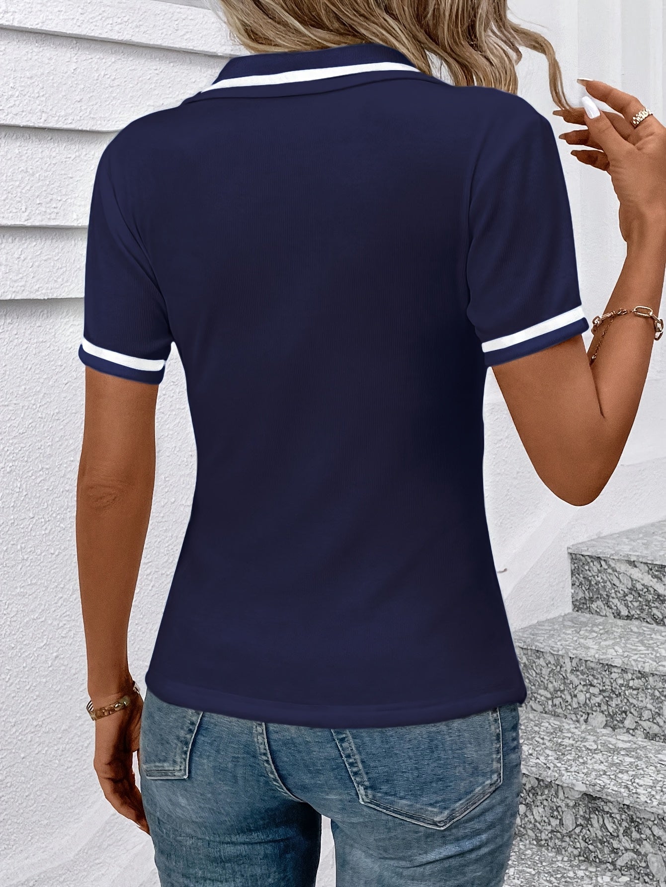 Women's Elegant Black Shirt with White Collar & Cuff Detail - Short Sleeve, Zippered, Stretchy Polyester-Spandex Blend, Machine Washable, Perfect for Casual or Professional Outfits