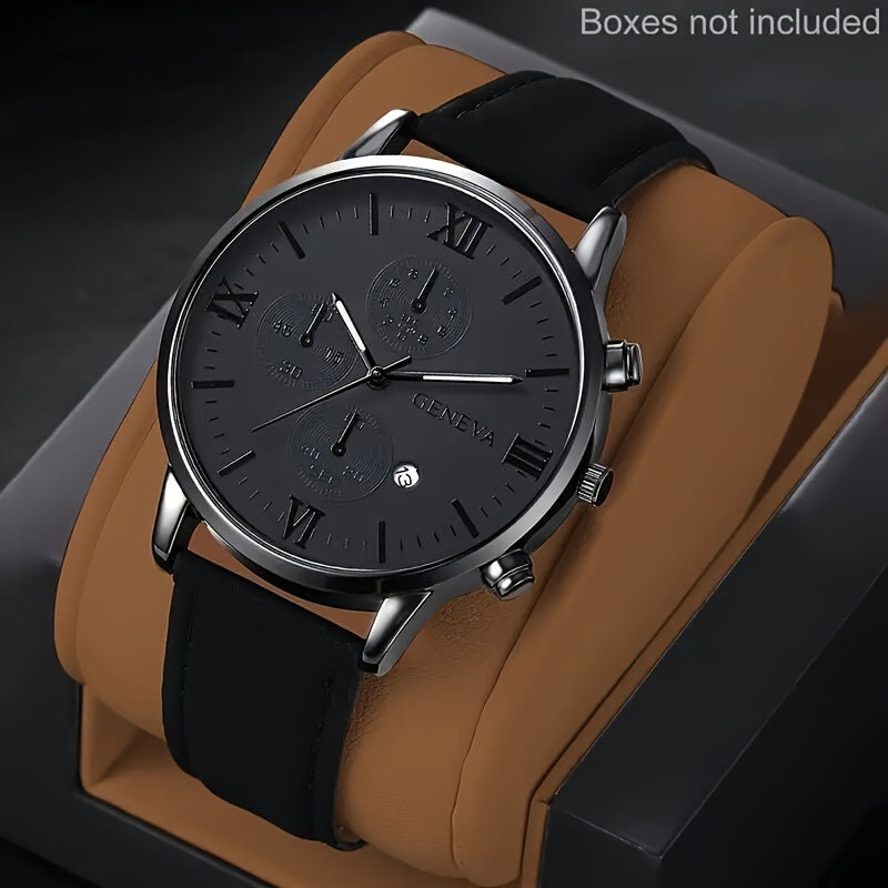 1pc Geneva Vintage Men'S Quartz Watch, Round Alloy Case, Analog Display, with Date Feature, PU Leather Strap, Battery Powered (Button Battery), for Valentine's, Easter, Ramadan, Birthday, Christmas Gifts