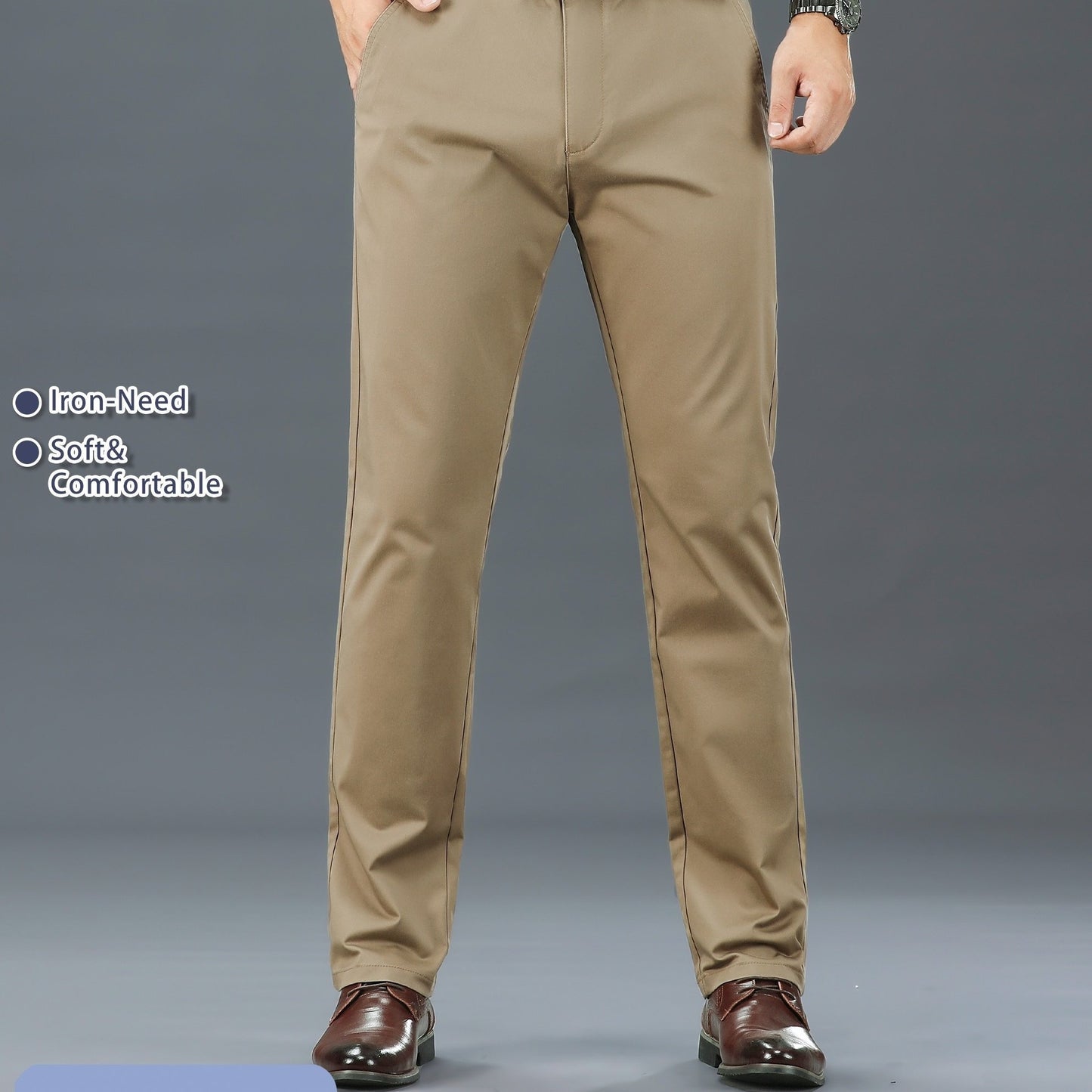 Men's Solid Color Straight Leg Business Style Cotton Blend Pants, Casual Comfy Breathable Outdoor Trousers As Gift