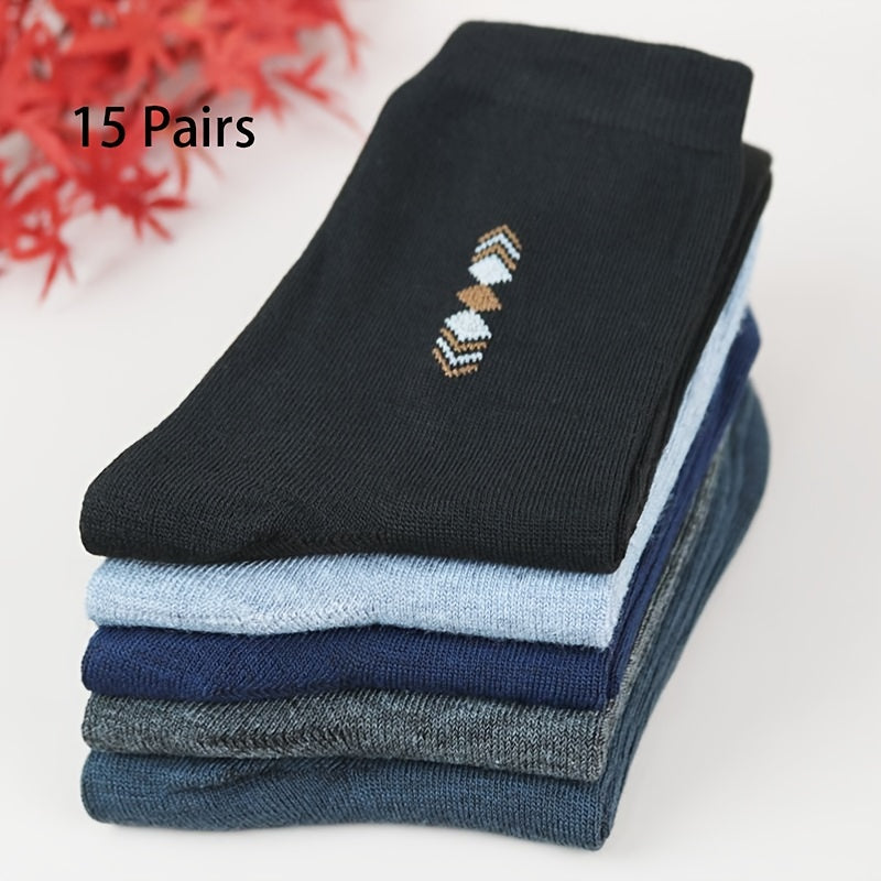 10/15 Pairs Men's Elite Business Socks, Simple Daily Durable Mid-Calf Socks, Polyester Blend with Spandex, Machine Washable, Geometric Pattern, Knit Fabric