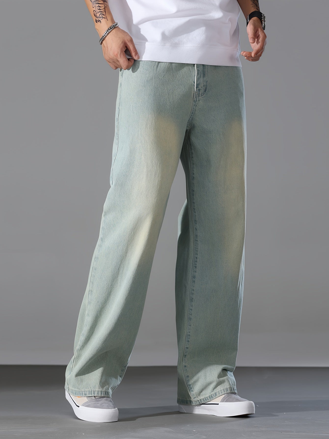 Men's Loose Solid Denim Barrel Pants With Pockets, Causal Cotton Blend Jeans For Outdoor Activities