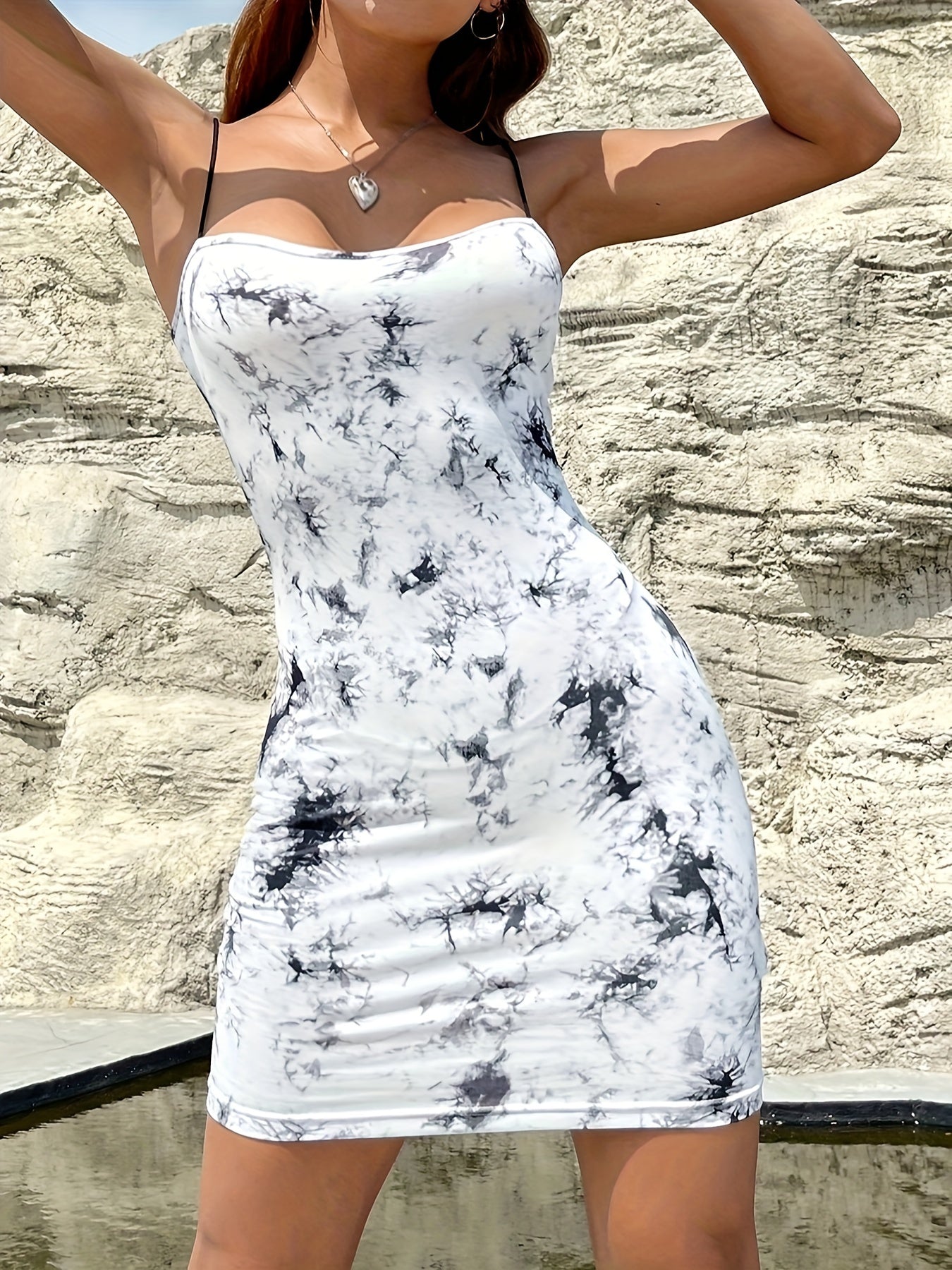 Women's Tie Dye Print Sexy Lounge Dress, Plunging Neck Backless Bodycon Slip Dress, Comfortable Home Wear