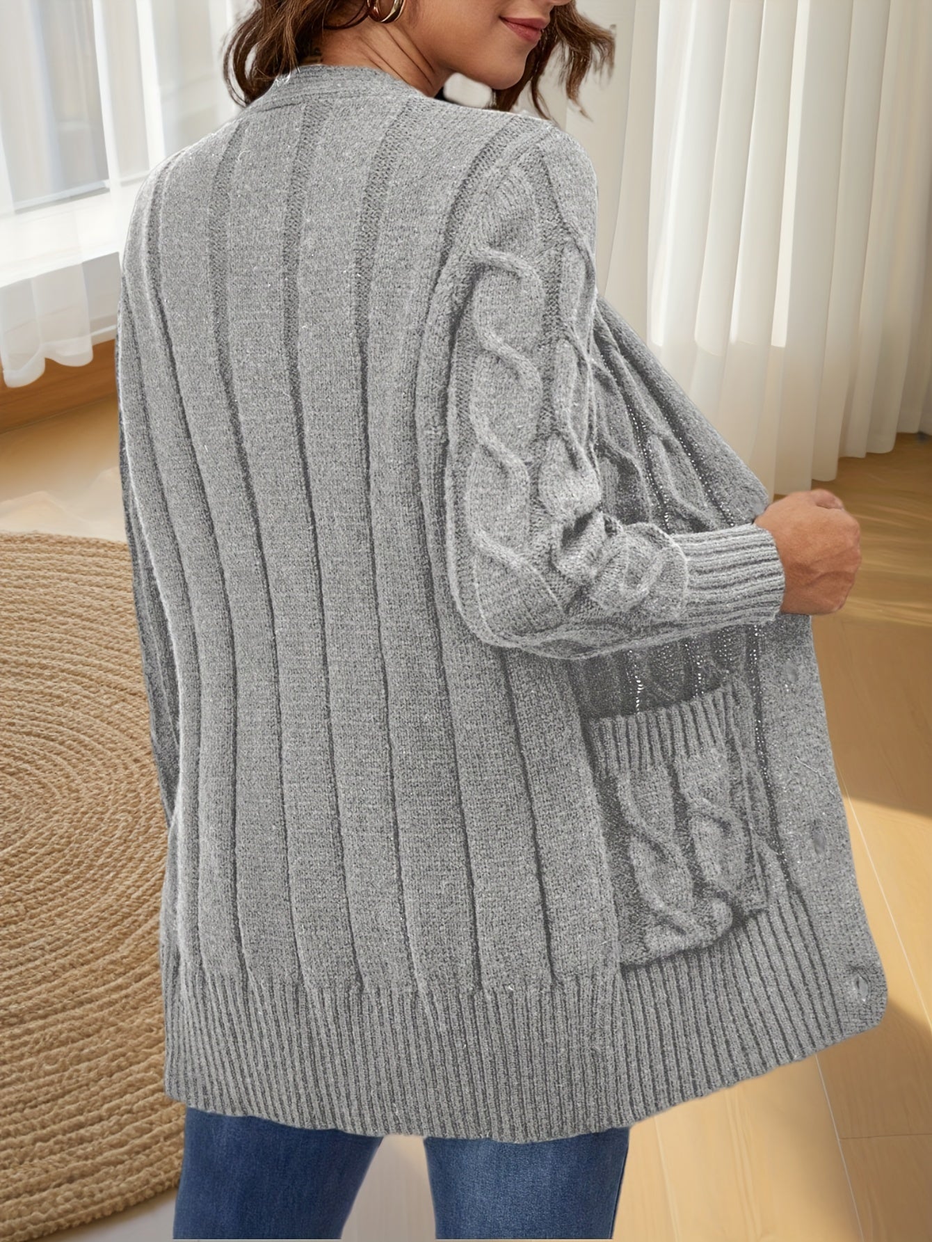 Elegant Women's Cable-Knit Cardigan - Cozy Button-Up V-Neck Sweater Jacket with Pockets, Long Sleeves in Heather Gray, 100% Polyester, Machine Washable for Fall/Winter
