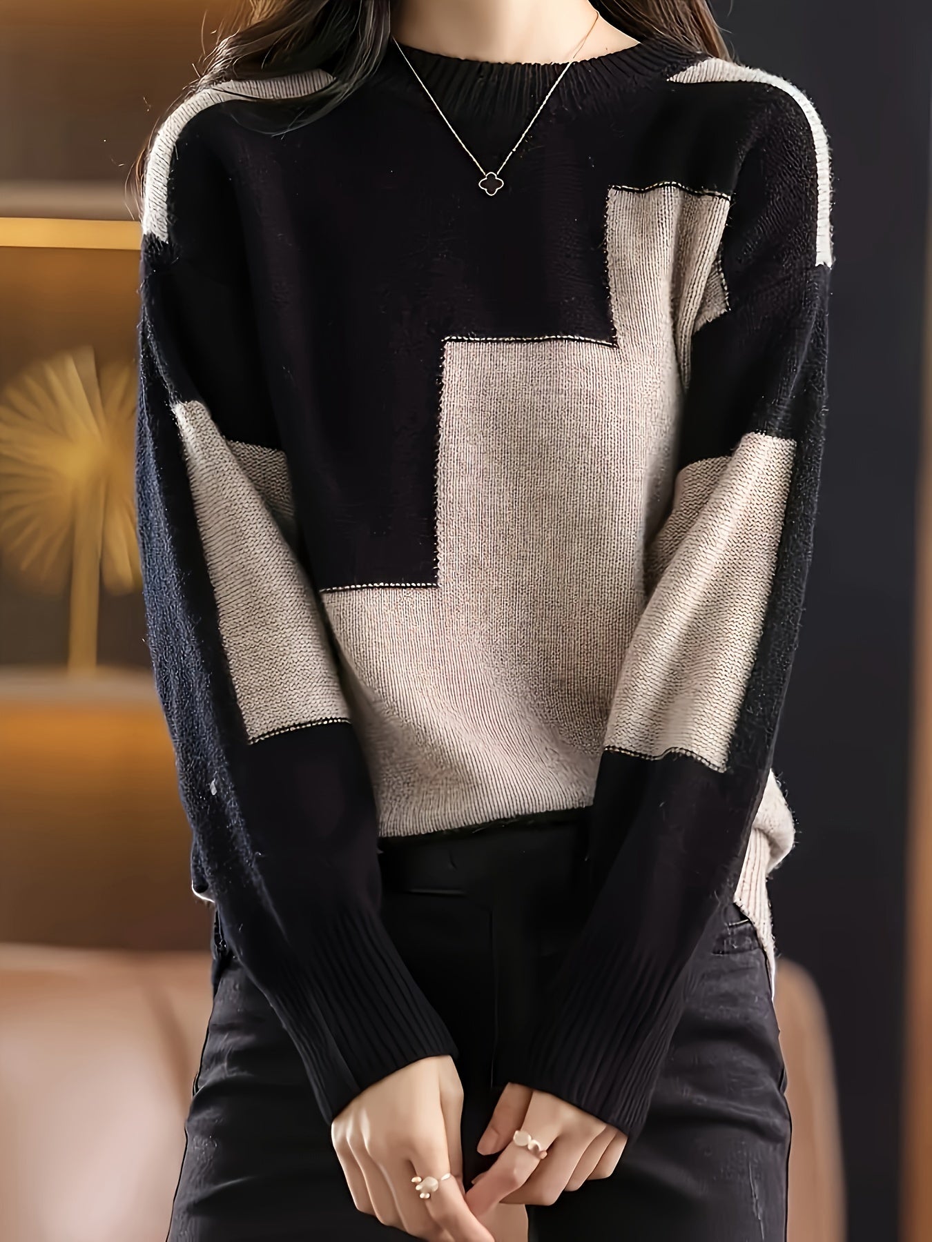 Women's Casual Color Block Long Sleeve Sweater - Round Neck, Soft Viscose Blend, Perfect for Fall and Winter Fashion, Knit Sweater