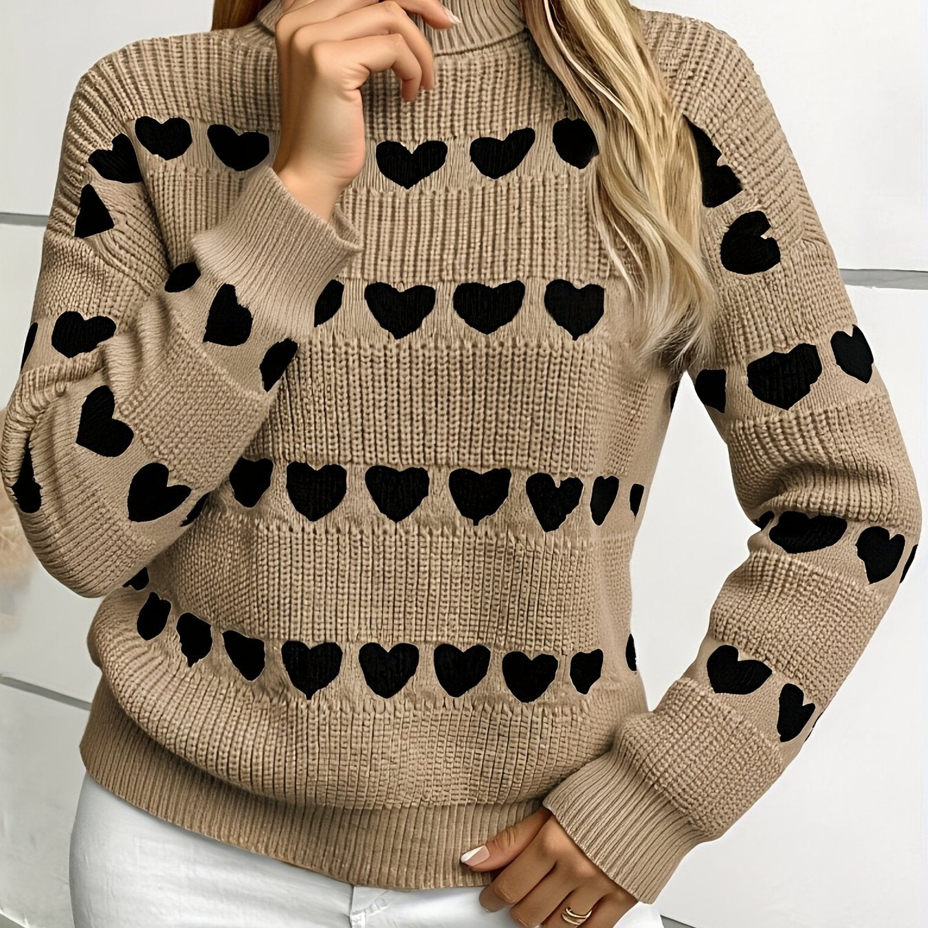 Women'S Cozy Cardigan with Heart Pattern - Long Sleeve, High Neck, Brown, Casual Fall/Winter Pullover, Loose Fit, Geometric Design, Perfect for Casual Attire, Cozy Cardigan, Red Heart Sweatshirt