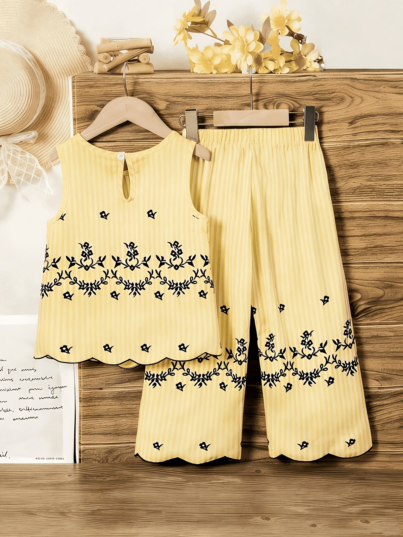Girls' Retro Floral Striped Sleeveless Top & Wide Leg Pants Set