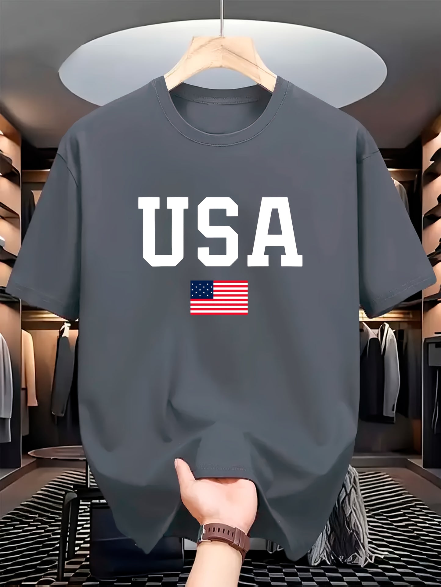USA Flag Print Crew պարանոցի վերնաշապիկ, սովորական պոլիեսթեր տրիկոտաժե թիկնոց, թեթև ձգվող, այբուբենի ձևանմուշ, տրիկոտաժե դետալ, տղամարդկանց համար, ամառային կարճաթև շապիկ