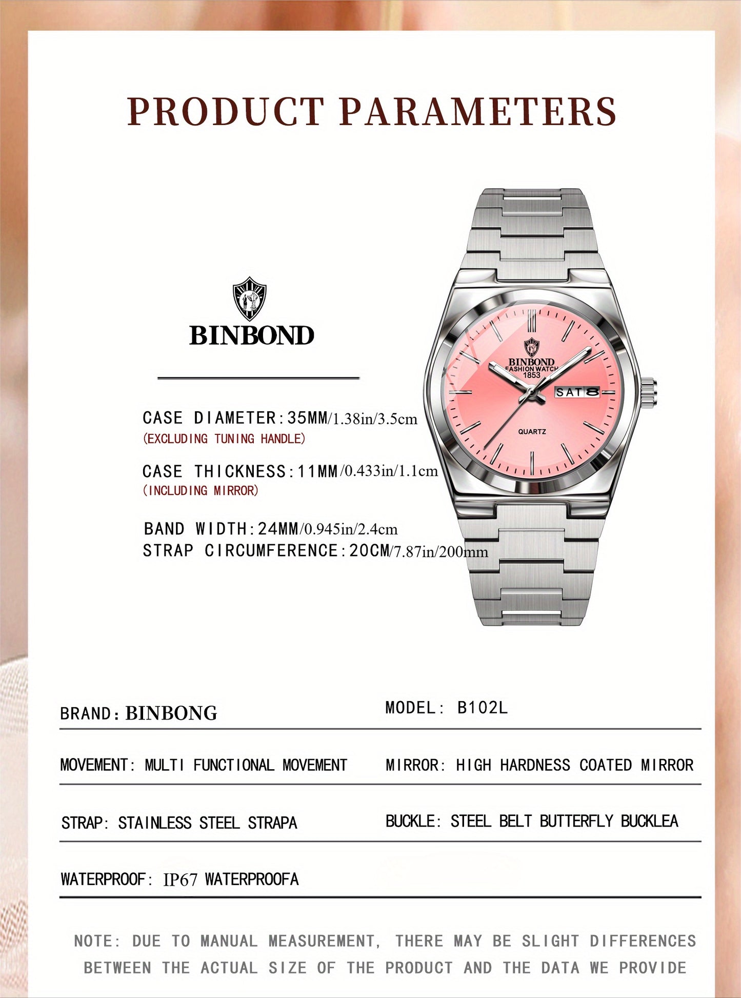 BINBOND Women'S Fashion Watch, Double Calendar, Quartz Movement, Stainless Steel Band, Round Case, Ideal for Daily Wear & Gifting, Stylish Accessory|Minimalist Design|Durable Watch