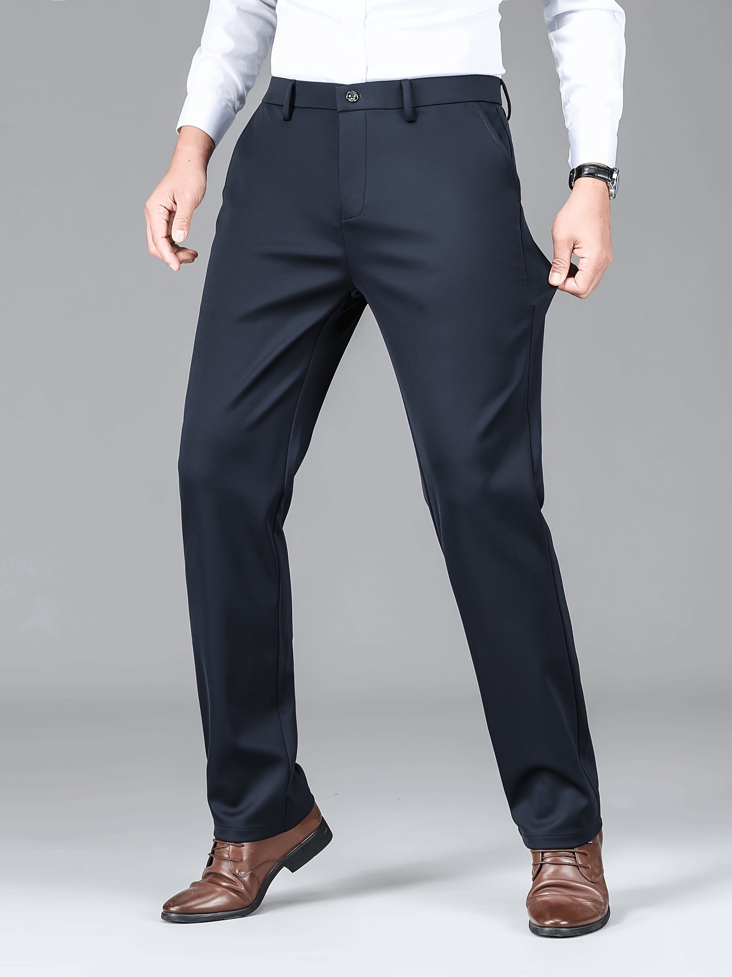 2pcs Men's Business Casual Stretch Dress Pants, Wrinkle-Resistant & Iron-Free, All-Season Wear, Logo, Navy Blue & Black, Polyester Blend, Machine Washable