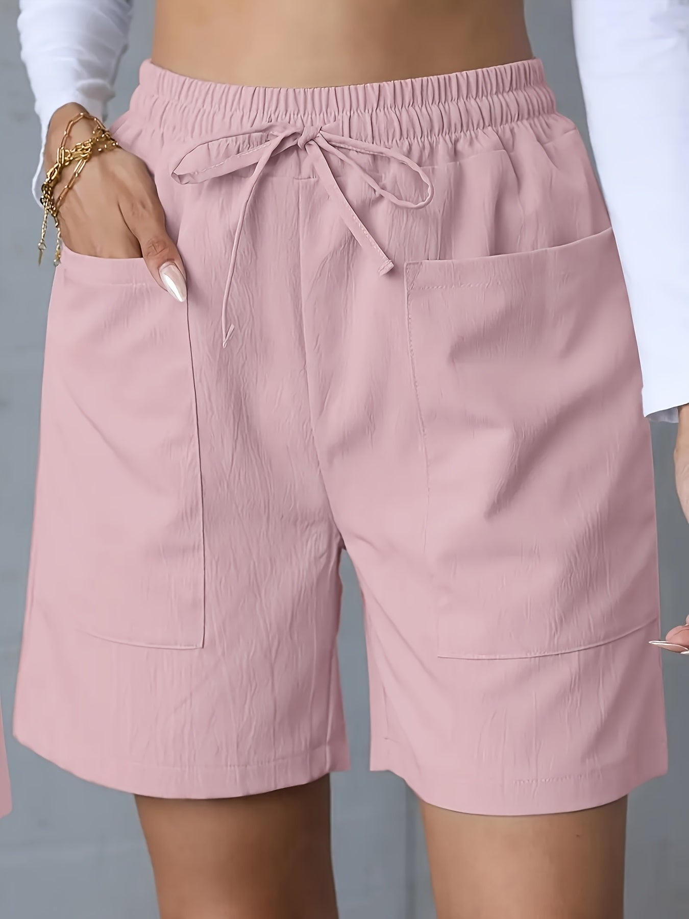 Light Pink Women's Casual High-Waist Wide-Leg Shorts with Tie Drawstring - Polyester, Non-Stretch, Smooth Texture, Summer Ready with Pockets