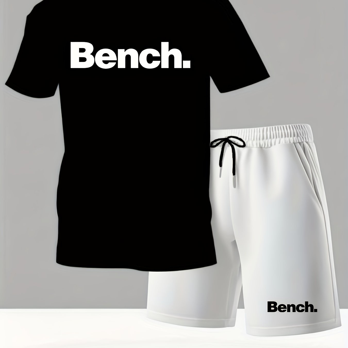 Summer Men'S Casual Sports Short Sleeve T-Shirt and Shorts Set, Knitted Polyester Fabric, Comfortable Breathable, Bench. Letter Print Design - 2pcs