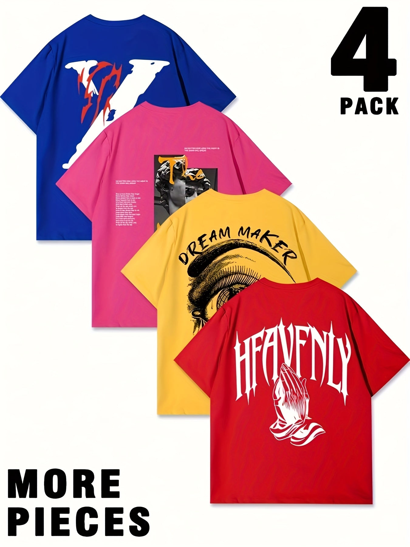 Set of 4 Men'S Graphic T-Shirts - Featuring Designs Like 'Heavenly', Casual Round Neck Short Sleeves Made of Lightweight Polyester, Perfect for Summer Outdoor Wear, a Great Gift for Family.