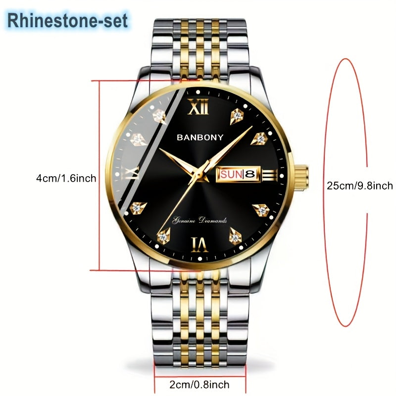 1pc Elegant Rhinestone-Set Stainless Steel Bracelet Watch for Men - Quartz, Date & Calendar Display, Glow-in-the-Dark Hands, Waterproof, Business Casual Style, Ideal Gift for Birthdays & Holidays, Casual Accessory | Elegant W