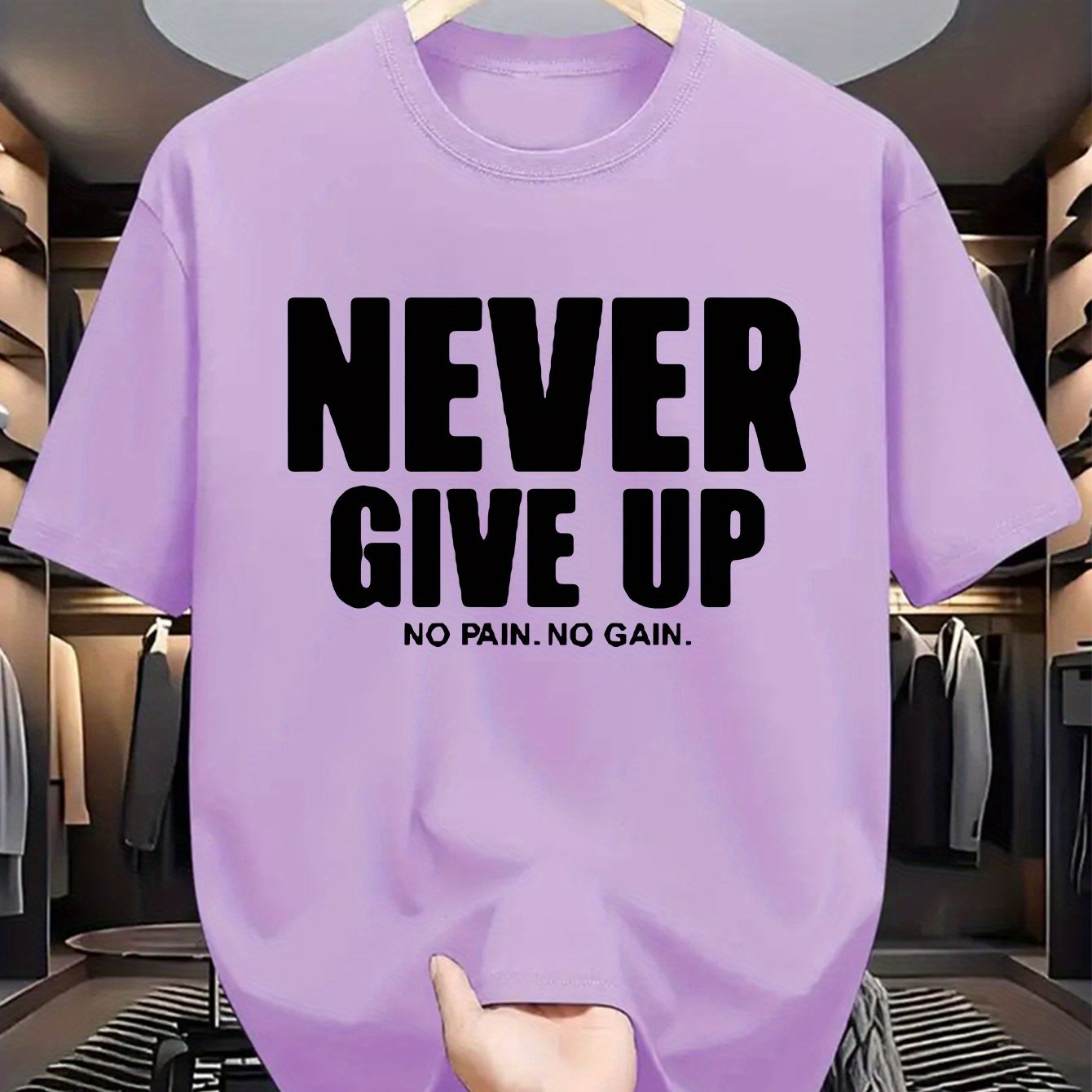 Men'S Casual Crew Neck T-Shirt with "Never Give Up" Print, Polyester Knit Fabric, Slight Stretch, Regular Fit, Summer Short Sleeve Tee for Daily Wear
