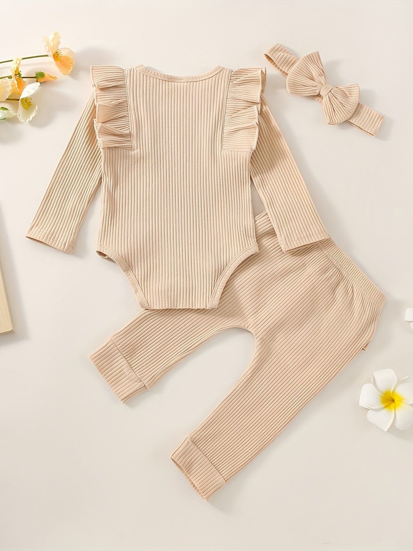 3pcs Baby Girl Outfit Set, Cute Ribbed Ruffle Long Sleeve Romper & Pants, 95% Cotton 5% Spandex, Crew Neck Pullovers, Solid Color, Regular Fit, No Belt, Fall/Winter Knit Fabric, 0-18 Months, for Outdoor