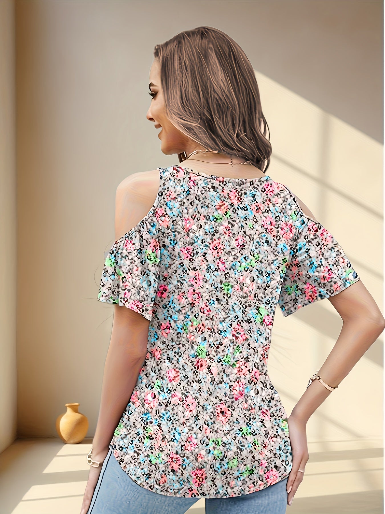 Women'S Summer V-Neck Pleated Floral Print Sexy Off-Shoulder T-Shirt