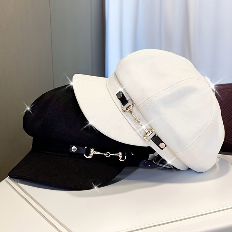 1pc Easter Holiday Polyester Beret for Women with Metallic Belt Buckle - Lightweight, Woven, Inelastic, Adjustable Drawstring Closure, Fashionable All-Match Cap for Spring Season