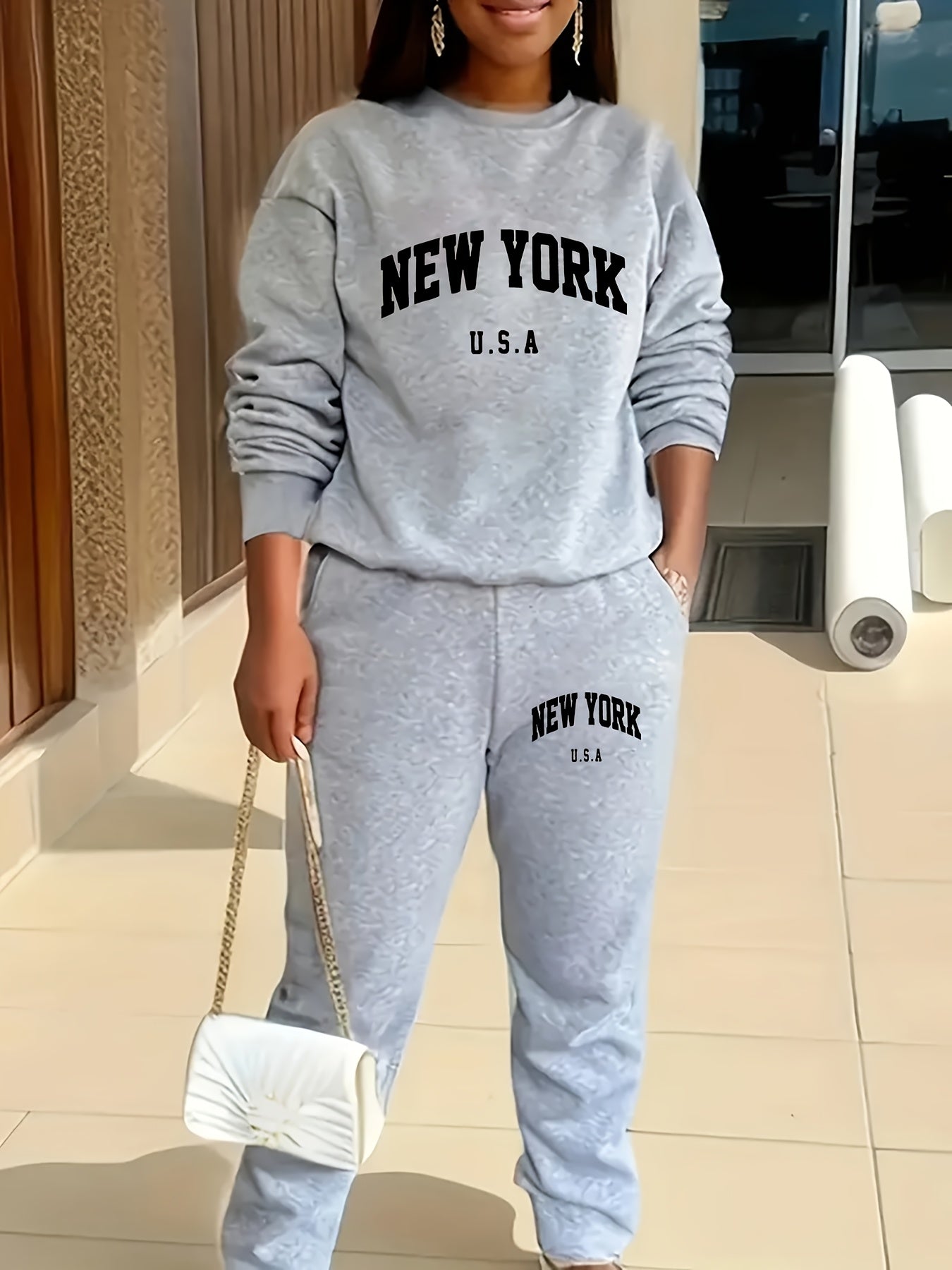 FLS1021WN10 Hoodie with Fleece, European And American Women'S Autumn And Winter Fashion, Printed Casual Sports Two-Piece Set.