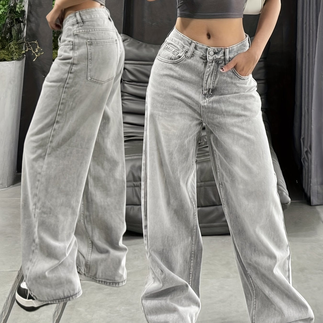 Women'S Casual Mid-Waist Wide Leg Jeans, 76% 13% Viscose 11% Polyester, Non-Stretch Denim, Solid Color, Washed Finish, Long Length, Zipper Fly, All Seasons, Woven Fabric, 390g/m² - Trendy Retro Loose Fit