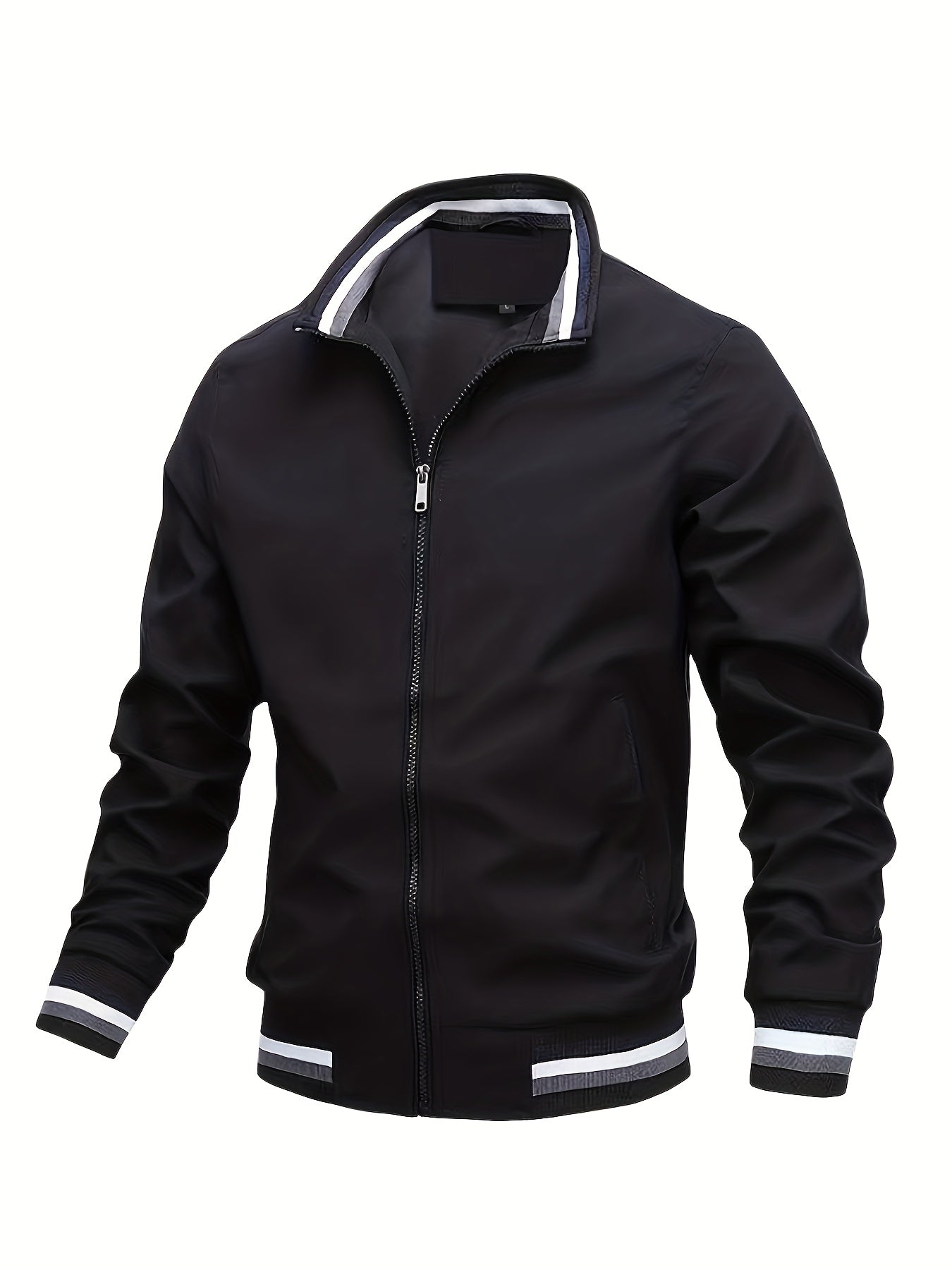Lightweight And Trendy Men's Long Sleeve Zipper Jacket With Stand Collar, Pockets And Stripe Pattern Pieces, Suitable For Spring And Autumn Outdoors Activities
