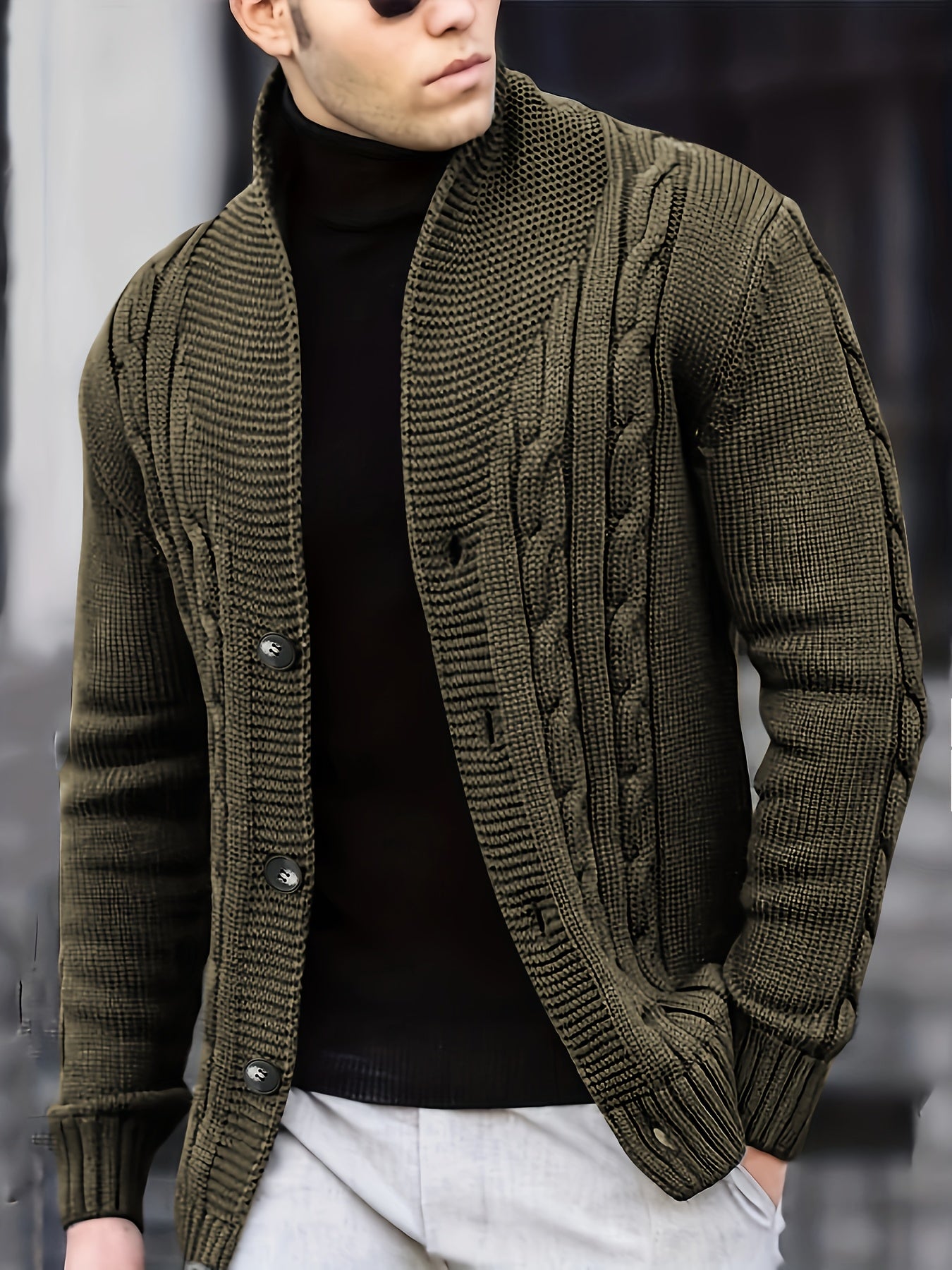Men's Casual Knit Cardigan | Olive Green Acrylic Sweater | V-Neck with Button Closure | Textured Cable Knit Design | Machine Washable | Ideal for Autumn/Winter, Knit Sweater