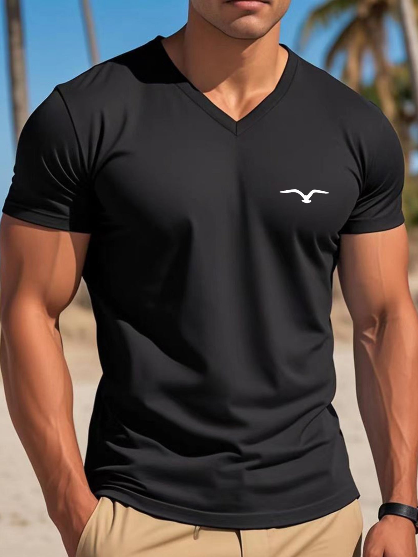 Men's Lightweight Black V-Neck T-Shirt with Seagull Print - Casual Short Sleeve Summer Top, Breathable Stretchy Fabric, Perfect for Casual Attire or Beach Outings, Outdoor Activity Shirt Simple Style Tee Durable Casualw