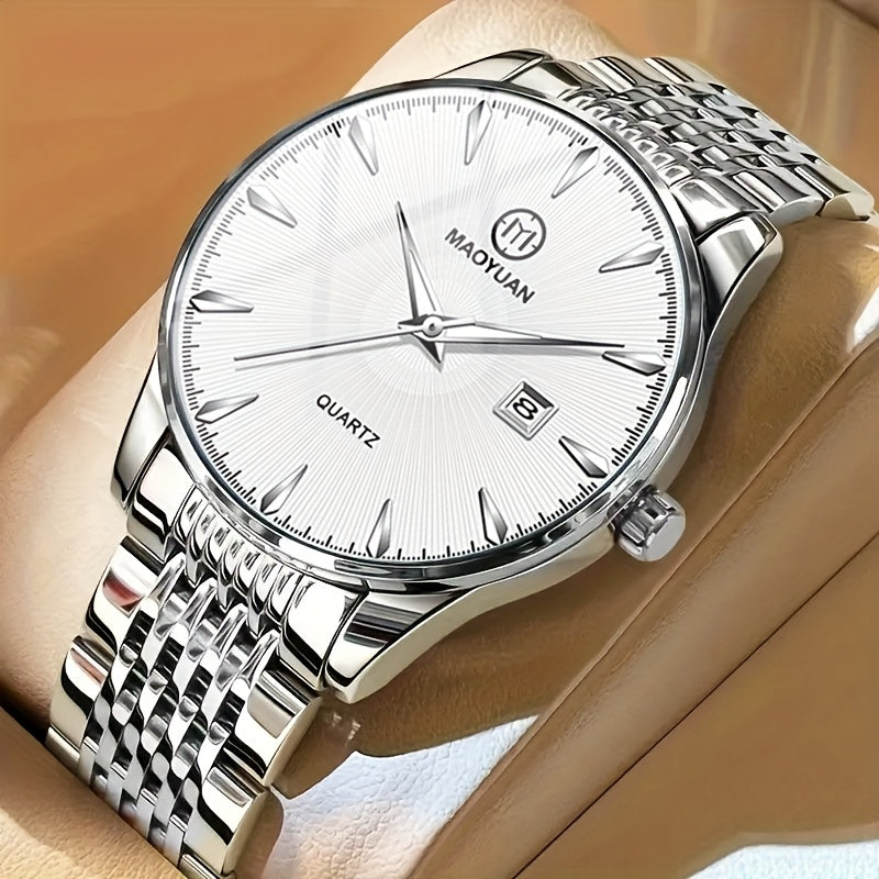 MAOYUAN Men'S Luxury Stainless Steel Quartz Watch with Date Display and Luminescent Hands - Elegant Green Dial, Metal Bracelet, Perfect for Business and Casual Attire, Ideal Gift for Men, Casual Watch | Elegant Watch | Quartz