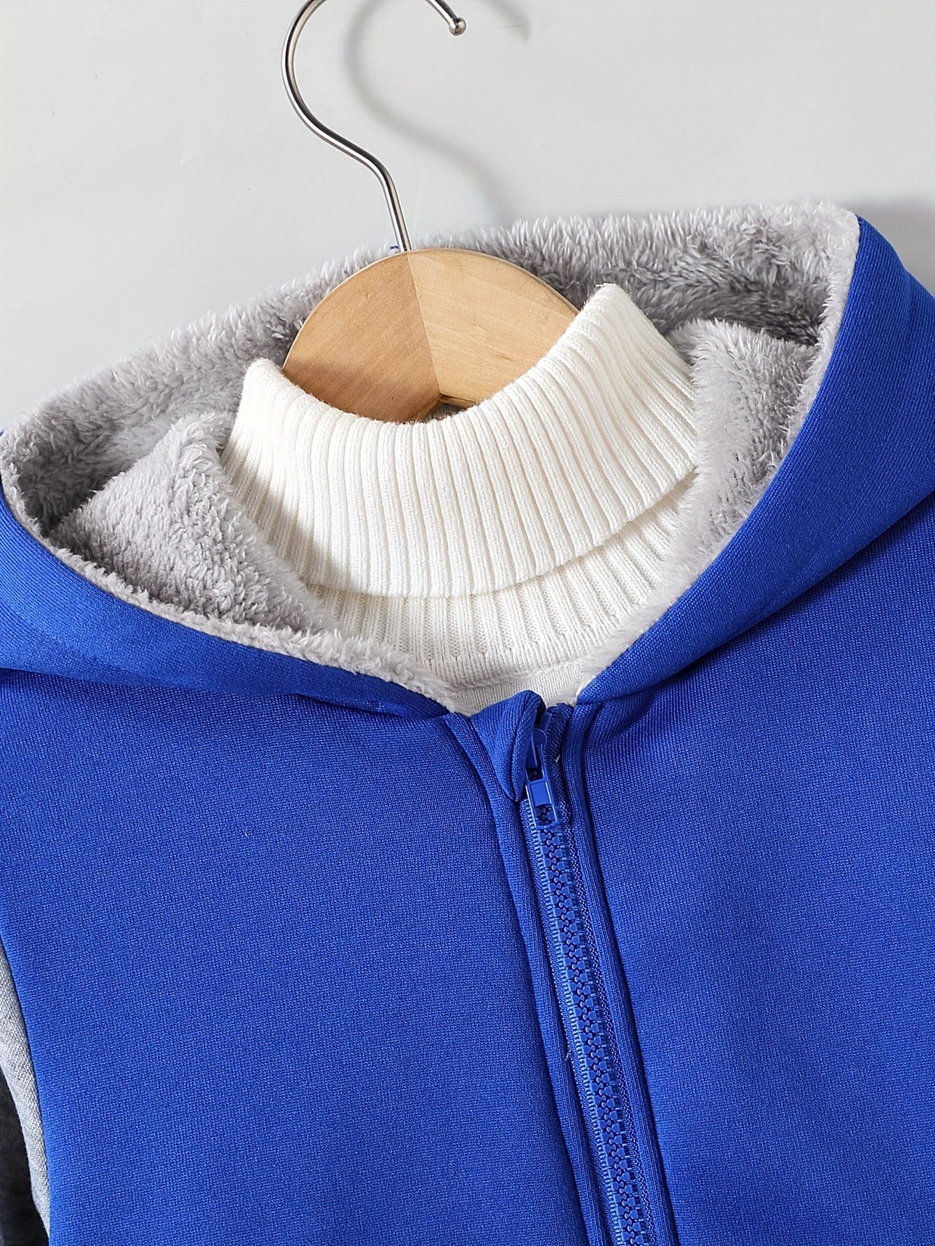 1pc Boys Stylish Color Block Fleece Lining Hooded Jacket, Long Sleeve Zip Up Jacket, Kids Clothes Outdoor