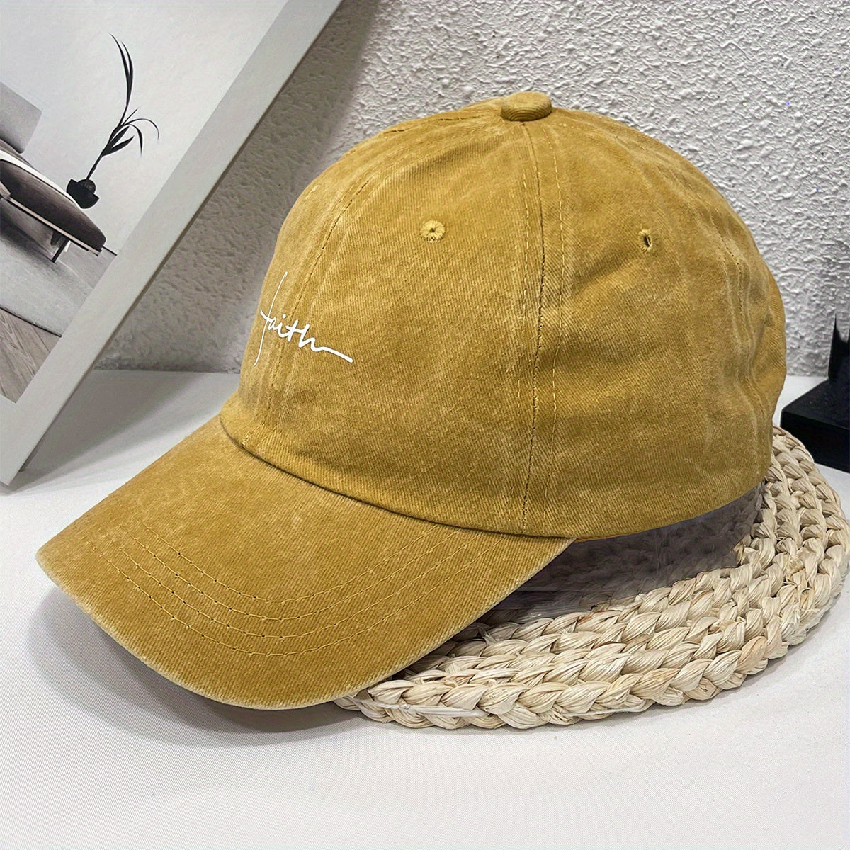 Vintage Street Style Water Wash Denim Polyester Baseball Cap, Faith Print, for Men, Women